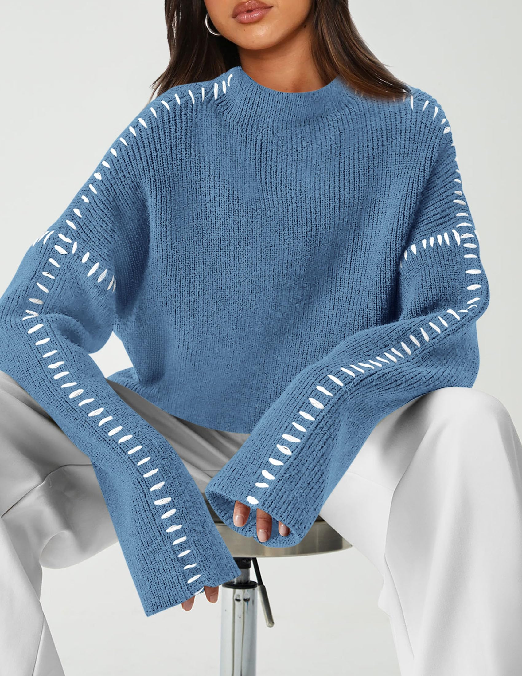 Womens Chunky Knit Oversized Pullover Sweaters,Blue,S