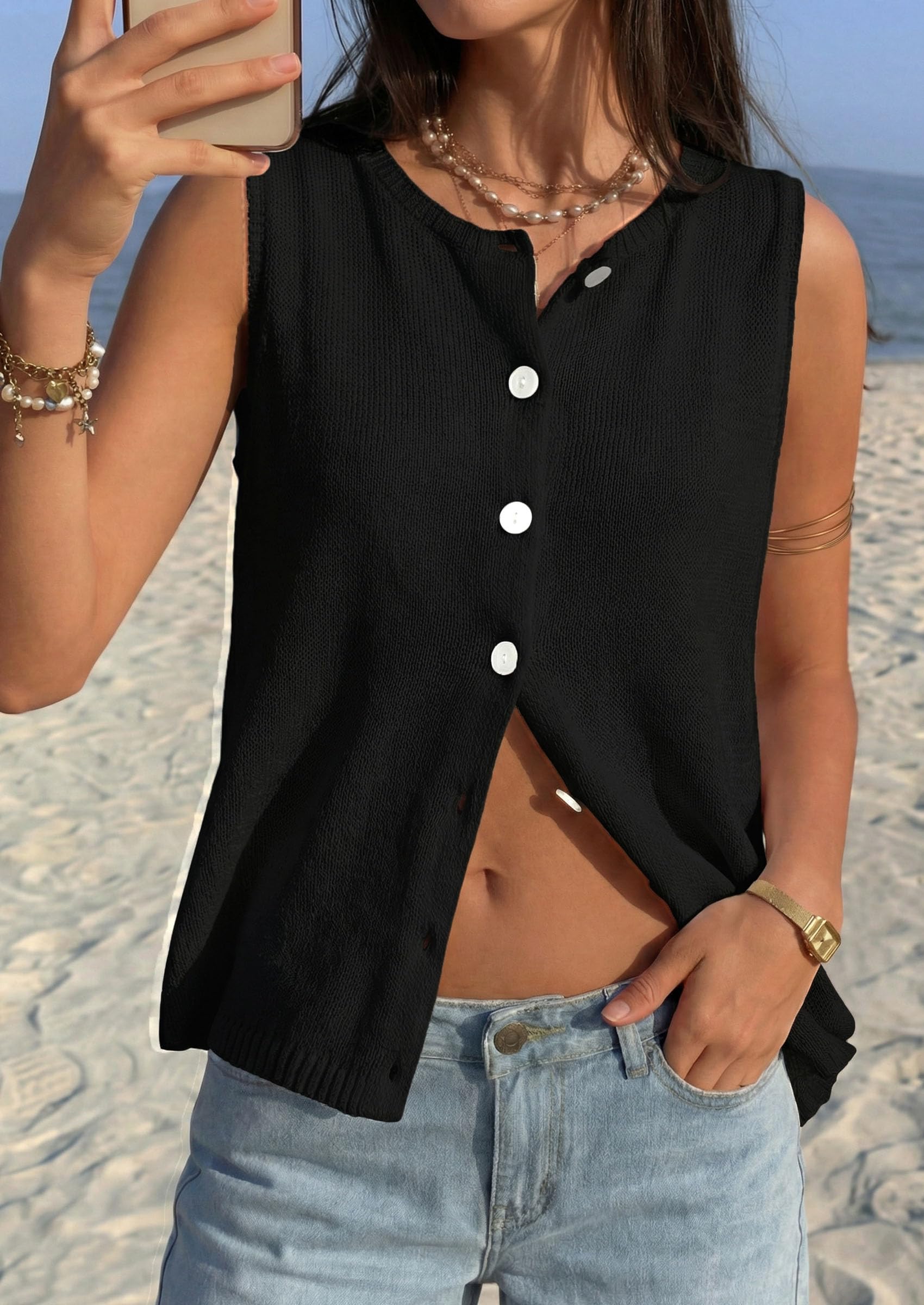 Women's Summer Button Up Sweater Vest Tops,Black,S