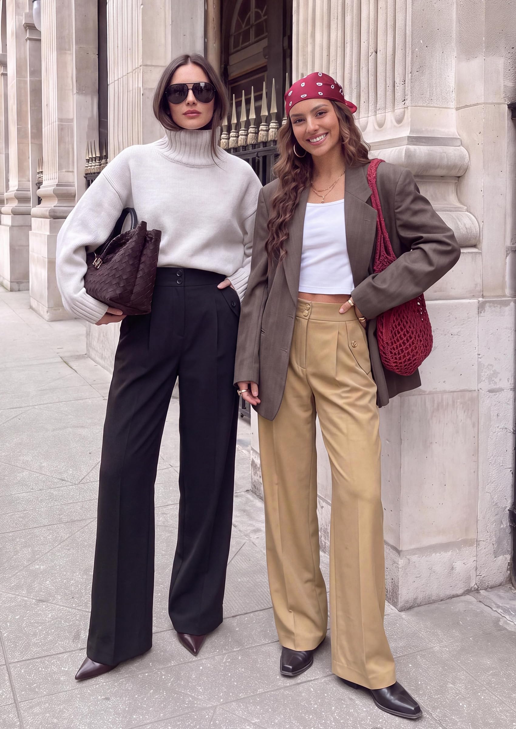 Women's Wide Leg Work Dress Pants Trousers, Khaki,S