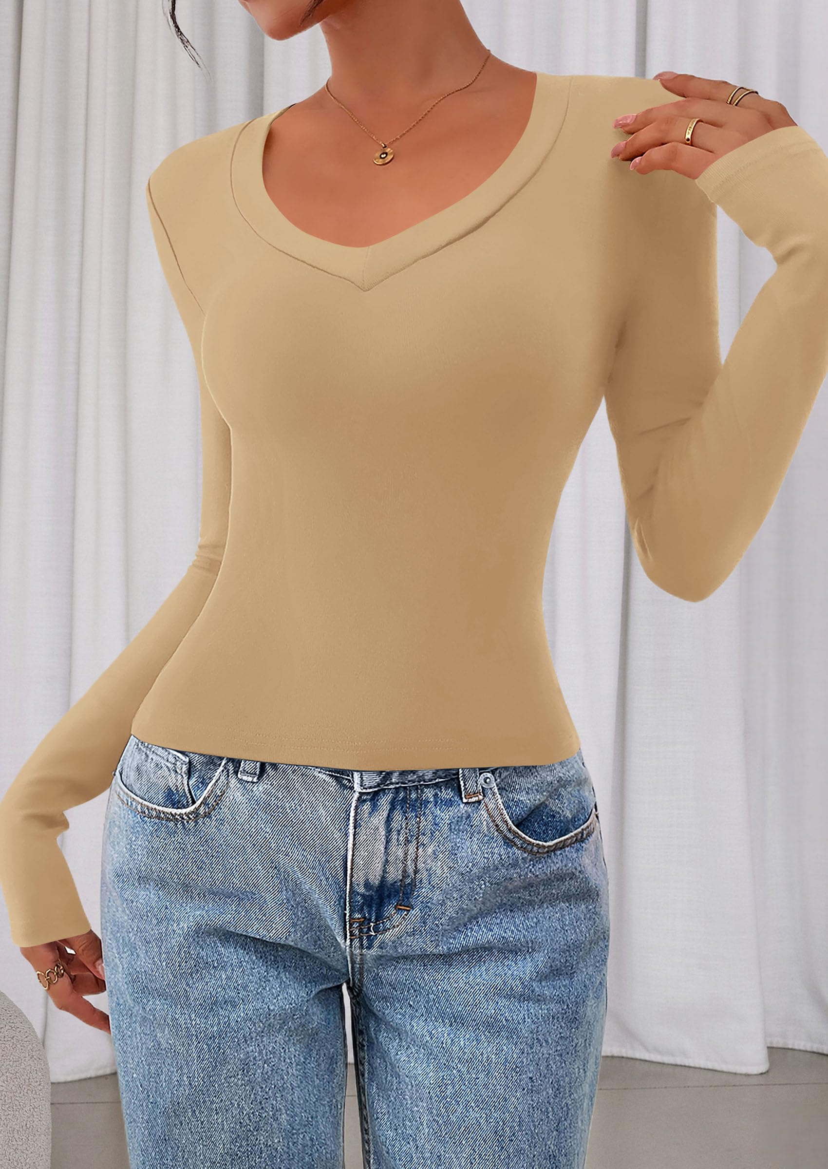 Womens Long Sleeve Slim Fit Crop Tops,Khaki,XS