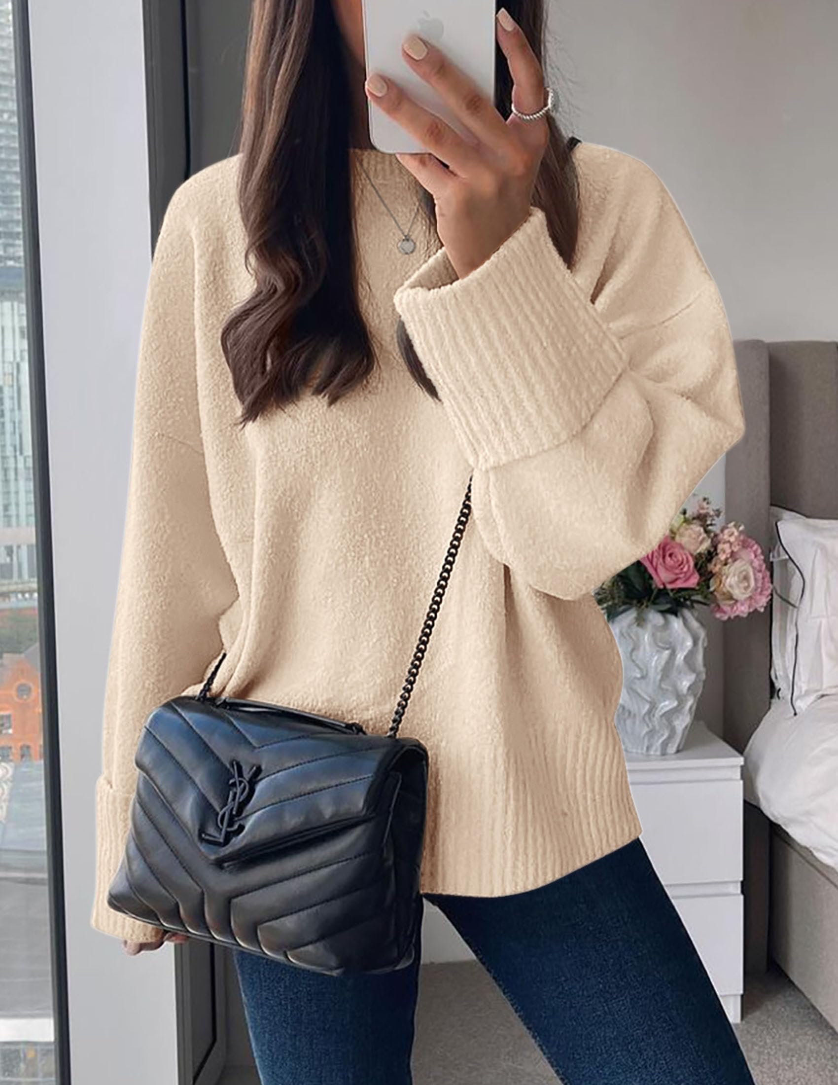 Women's Fall Fashion Cozy Oversized Sweaters(Beige,XS)