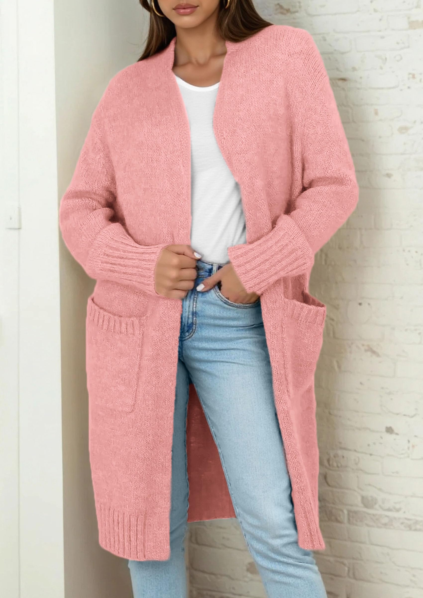 Open Front Cardigan Sweaters for Women,Pink,S