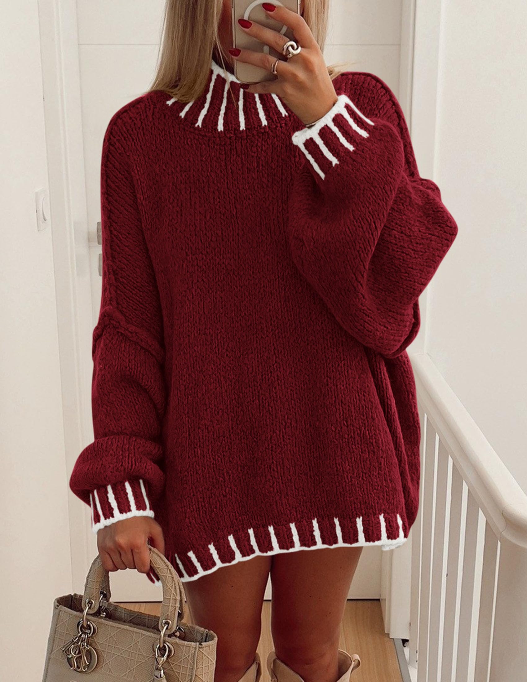 Women's Mock Neck Oversized Pullover Sweaters,Wine Red,XS