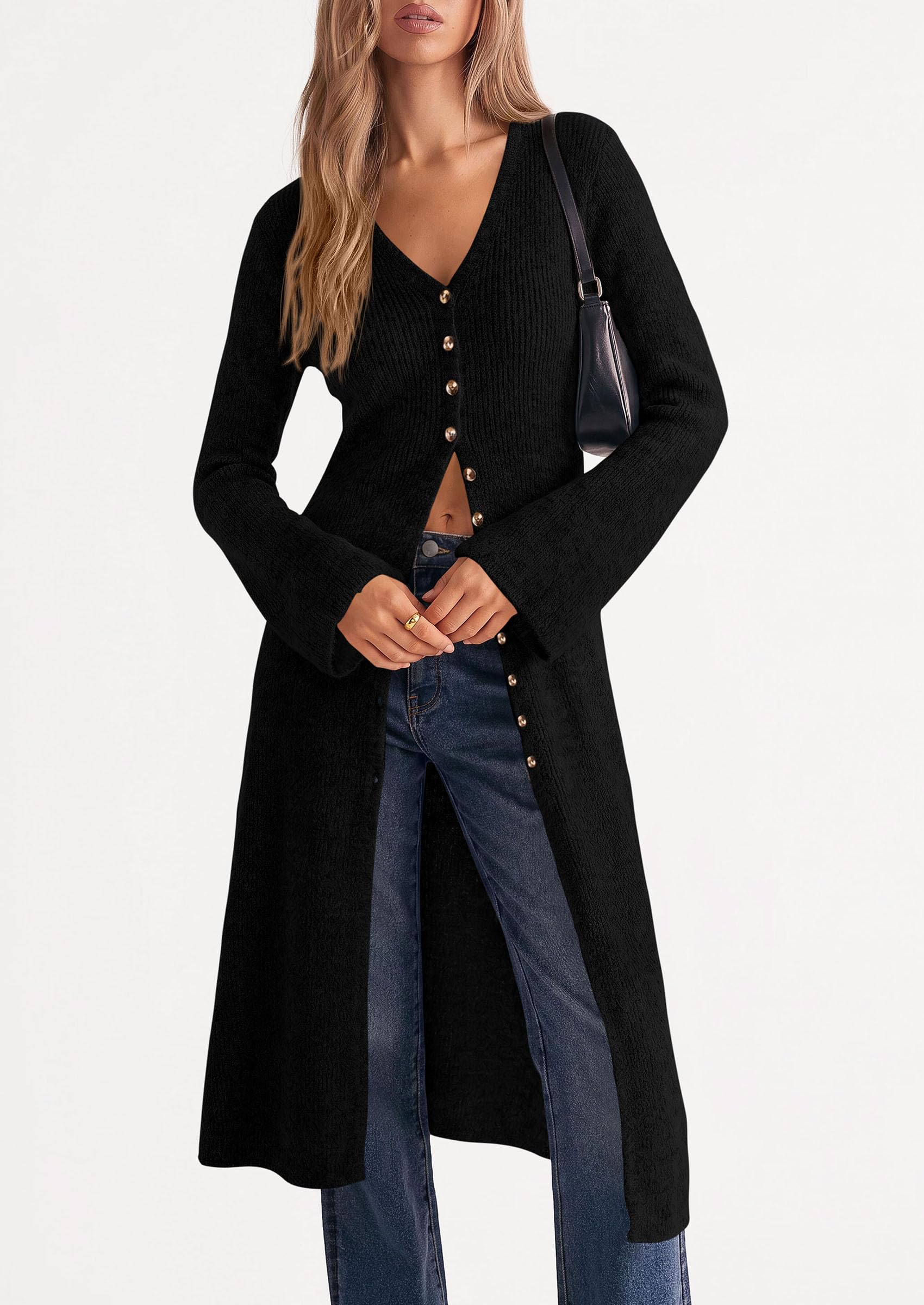 Women Long Cardigan Bell Sleeve Sweater Dress (Black,S)