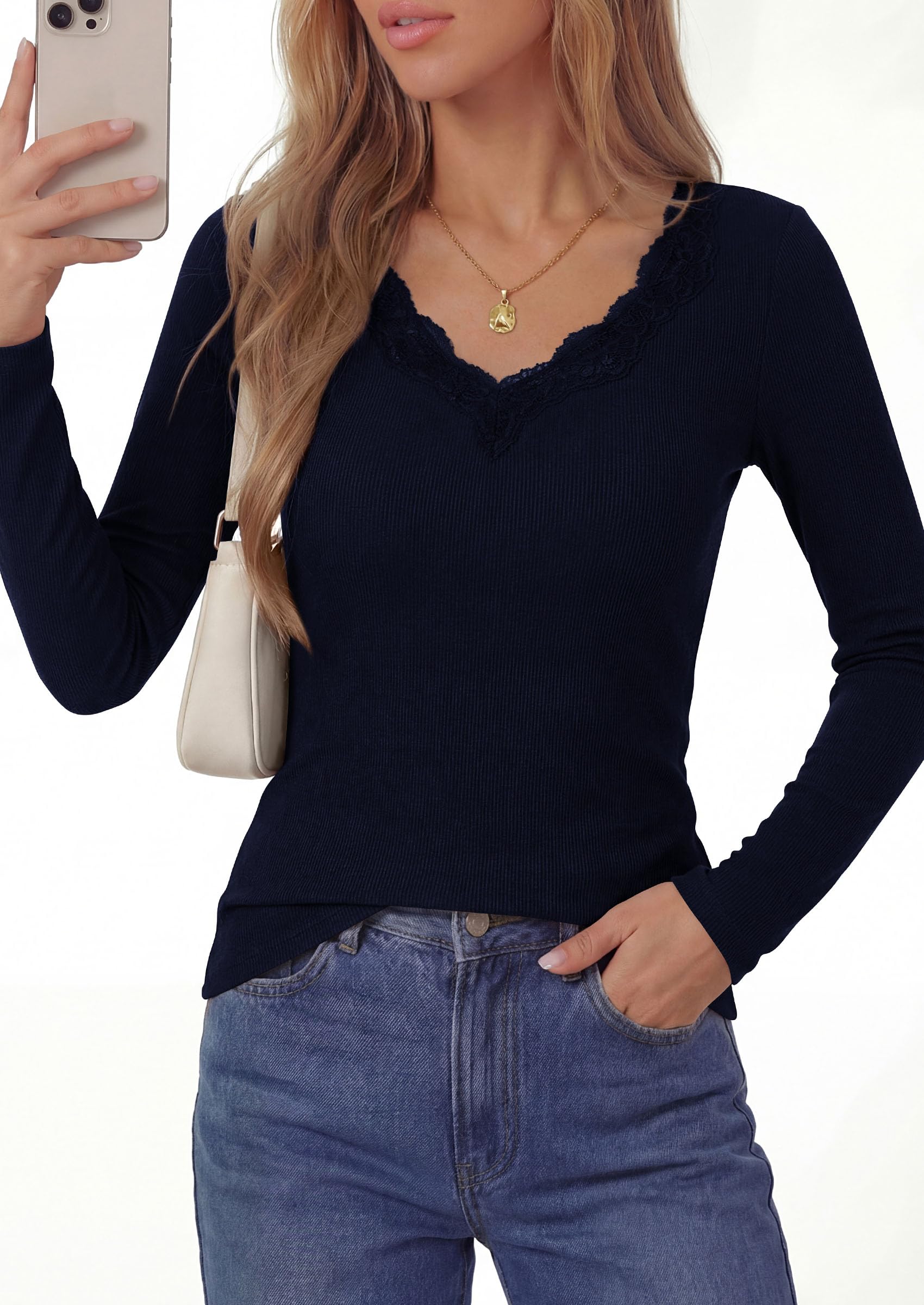 Women's Lace V Neck Long Sleeve Fitted T Shirts,Navy Blue,S
