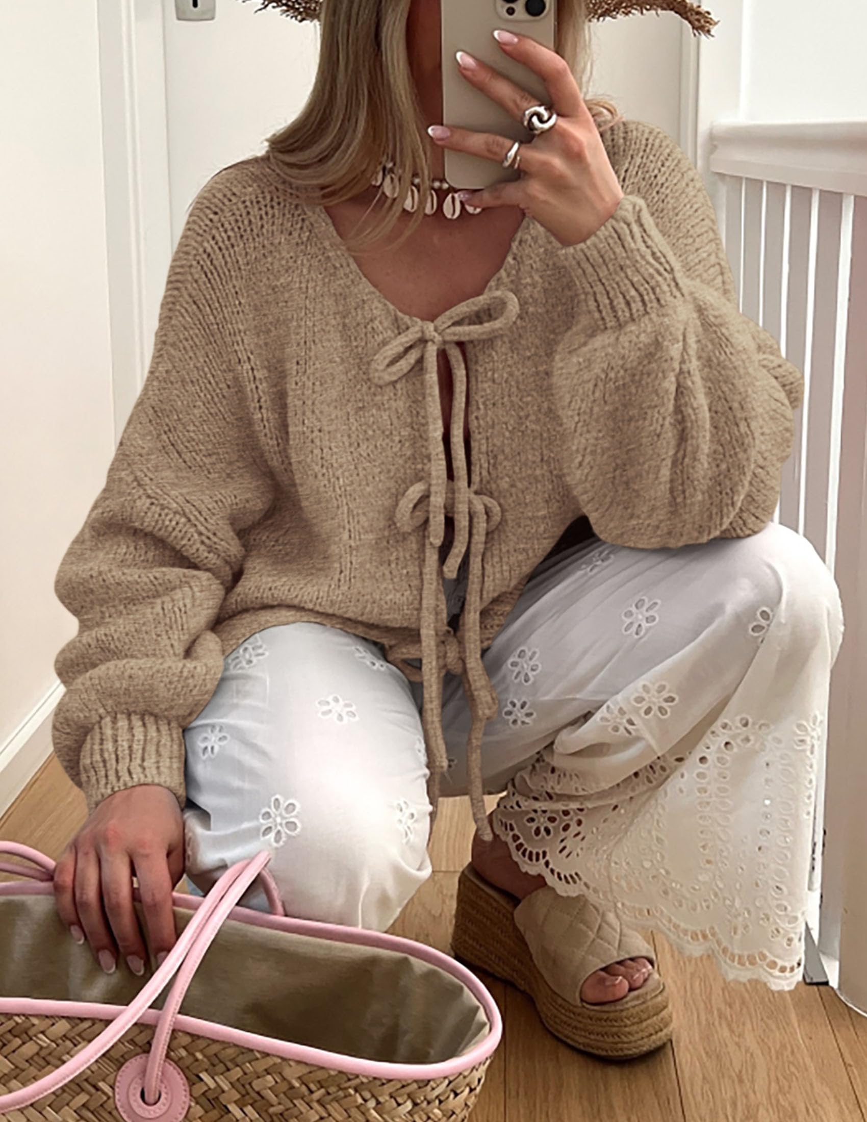 Women's Tie Front Bow Cardigan Sweaters(Light Khaki,Small)