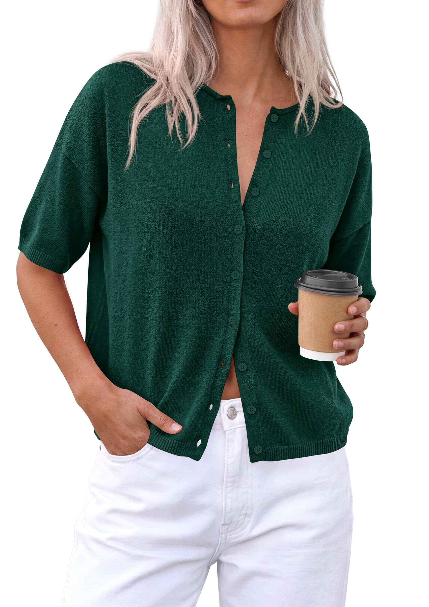 Women's Short Sleeve Cardigan Sweaters (Dark Green,Small)