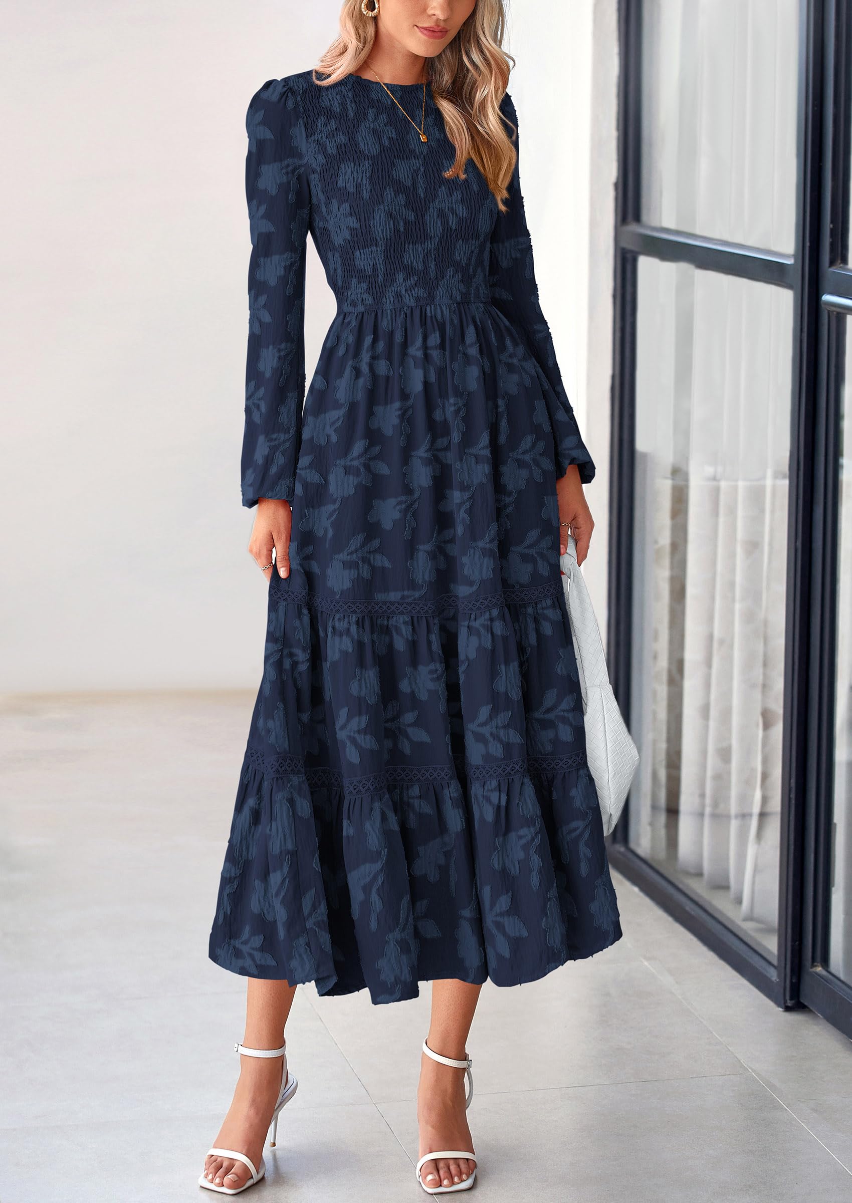 Women's Long Sleeve Boho Floral Midi Dress, Navy,S