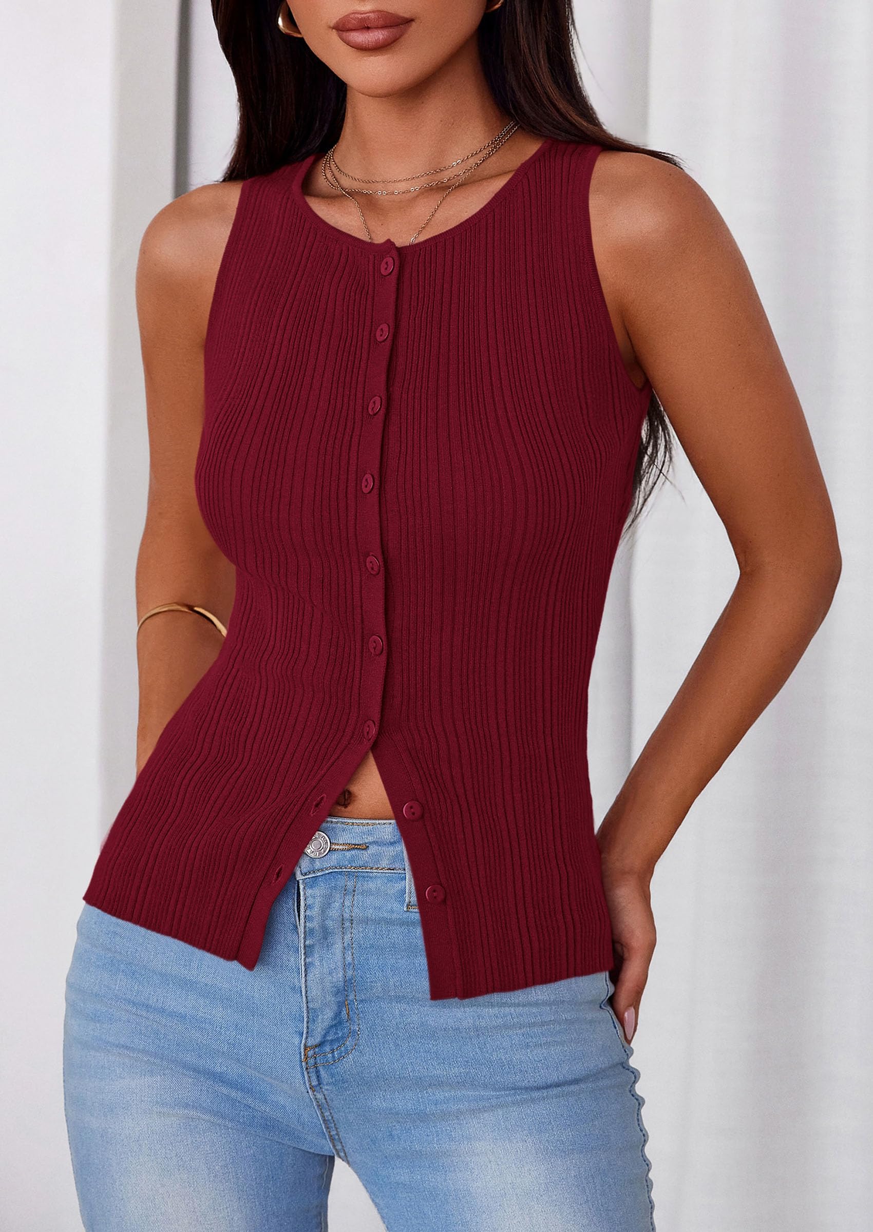 Sleeveless Button Down Shirts for Women Summer 2026 Going Out Ribbed Knit Tank Tops Y2K Clothes Trendy Vest Tops Wine Red