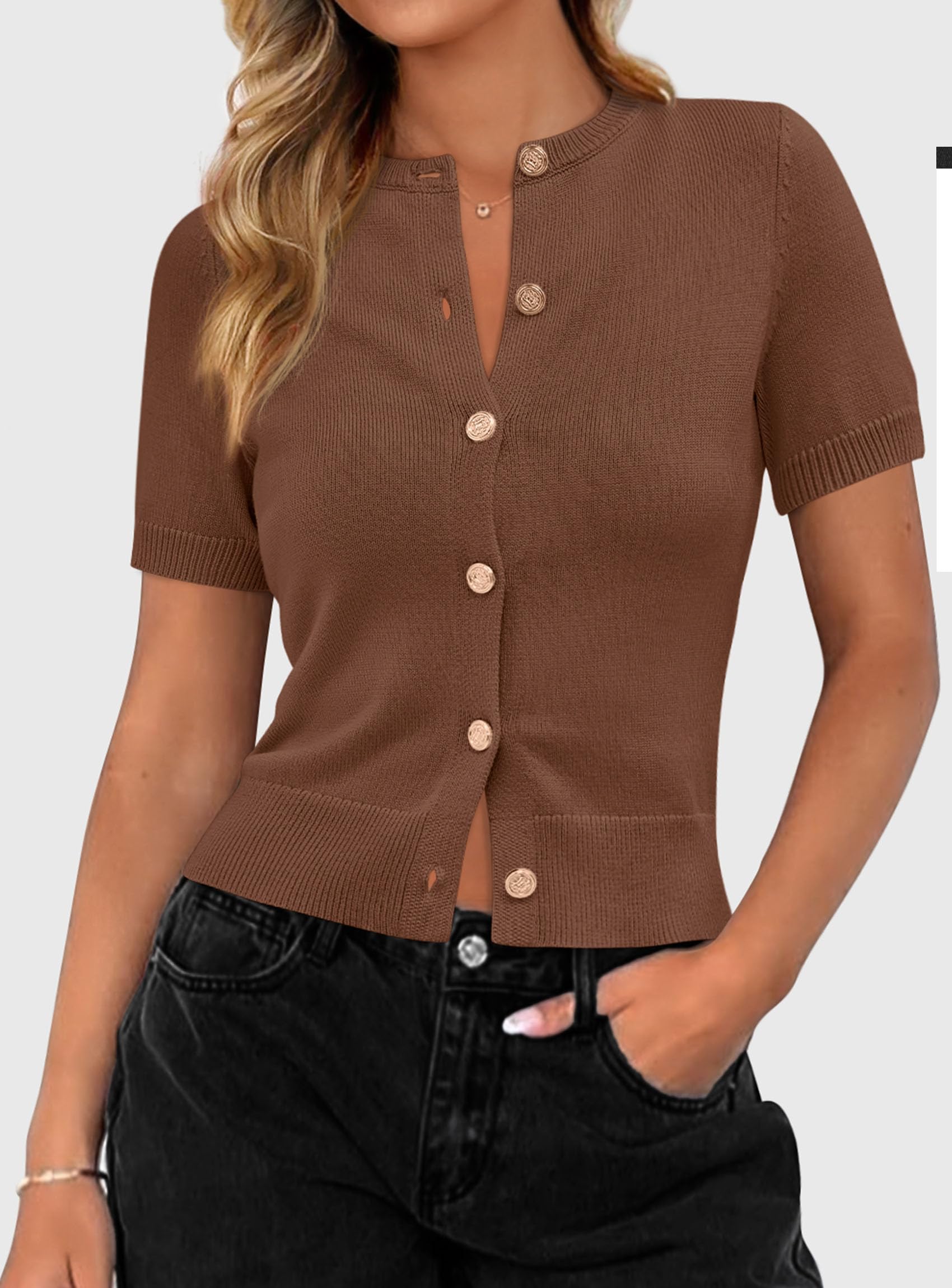 Womens Summer Cardigan Short Sleeve Sweater,Brown,S
