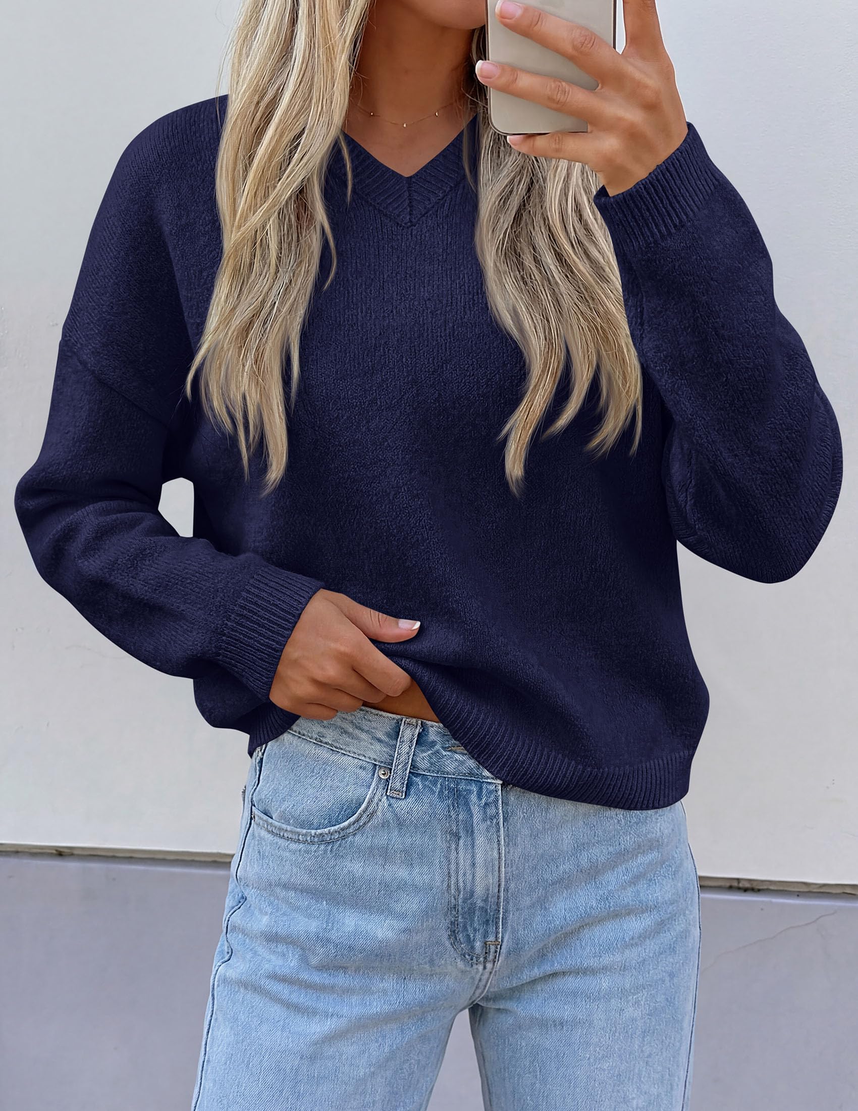 Women's Cozy Sweaters Fall Fashion V Neck Tops Navy Blue,S