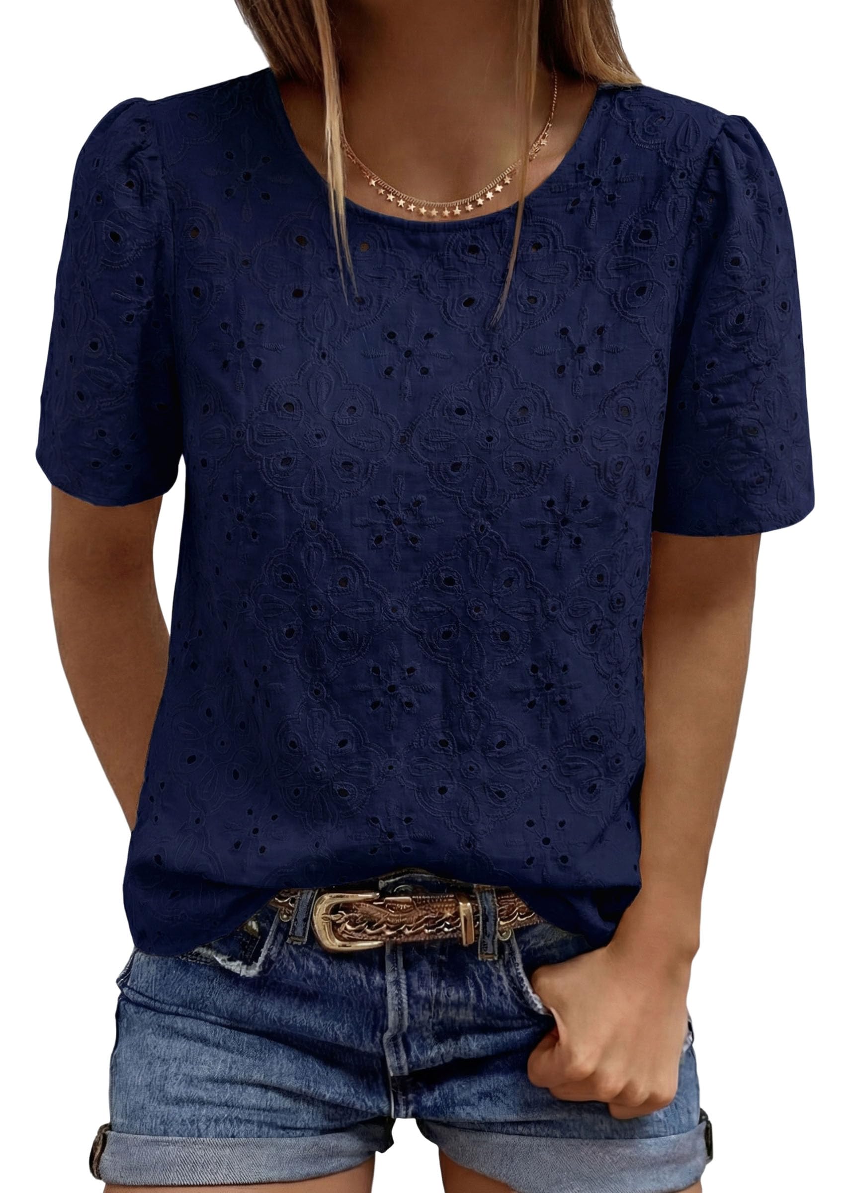 Women's Embroidered Eyelet Short Sleeve Blouse, Navy Blue,XS