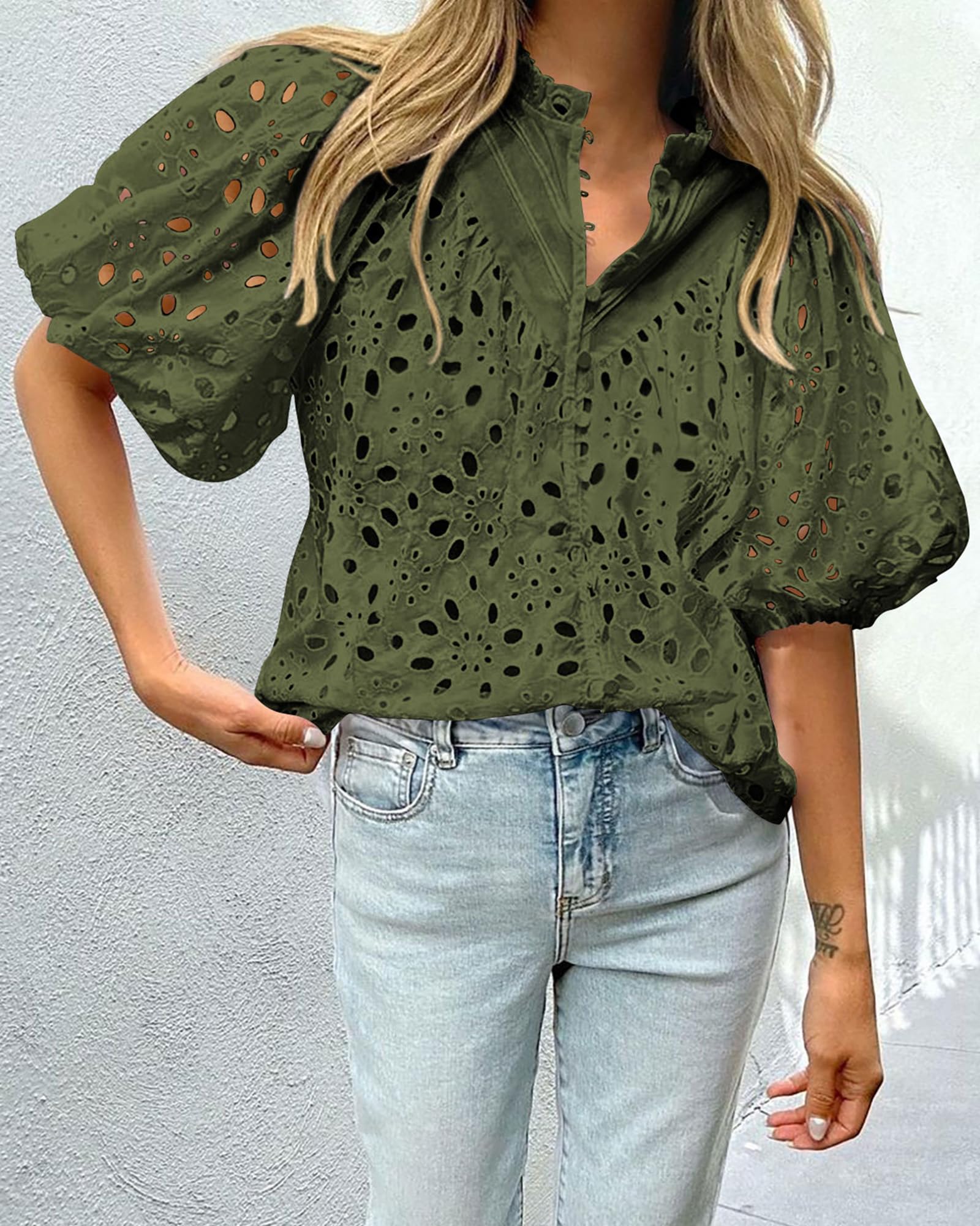 Womens Tops Boho Eyelet Puff Sleeve Blouse, Army Green,S
