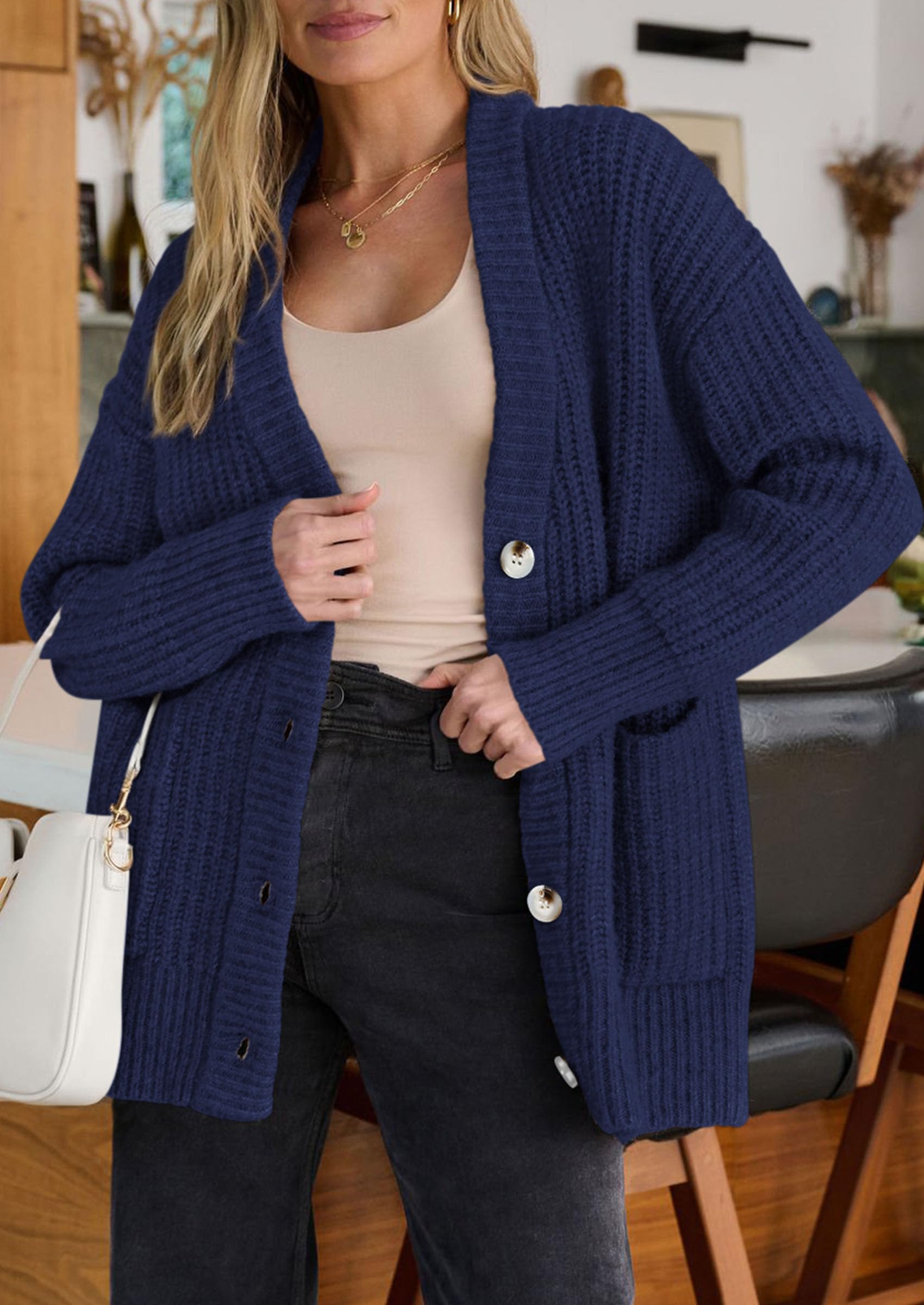 Oversized Cardigan Sweaters for Women Button Up,Navy Blue,S