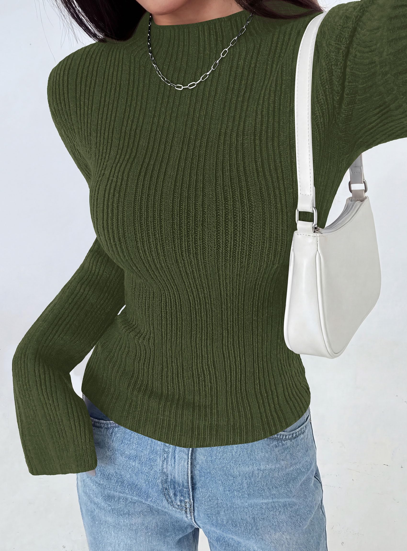 Womens Bell Long Sleeve Tops Mock Neck Sweaters,Army Green,S