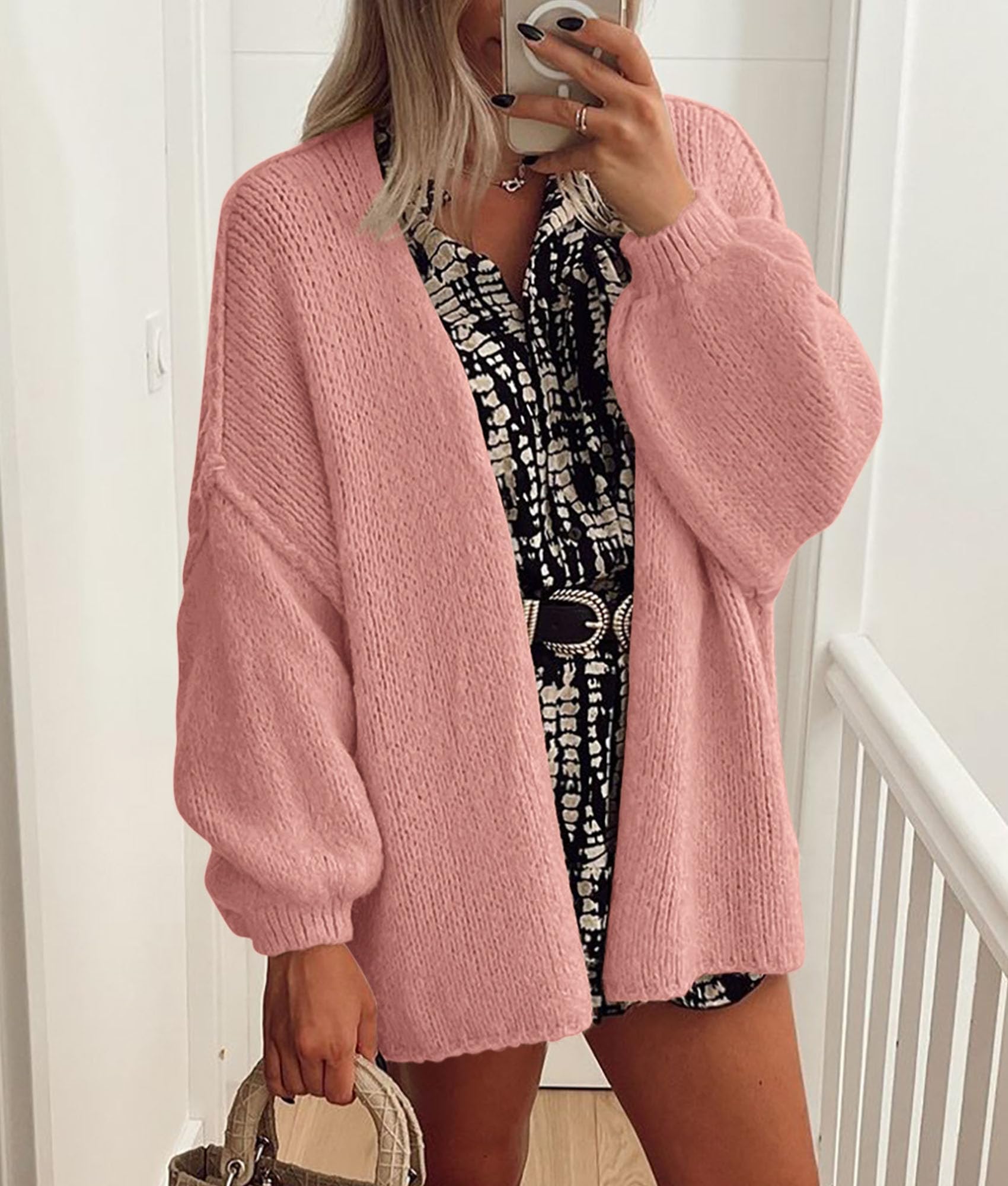 Womens Open Front Oversized Cardigan Sweaters,Light Pink,XS