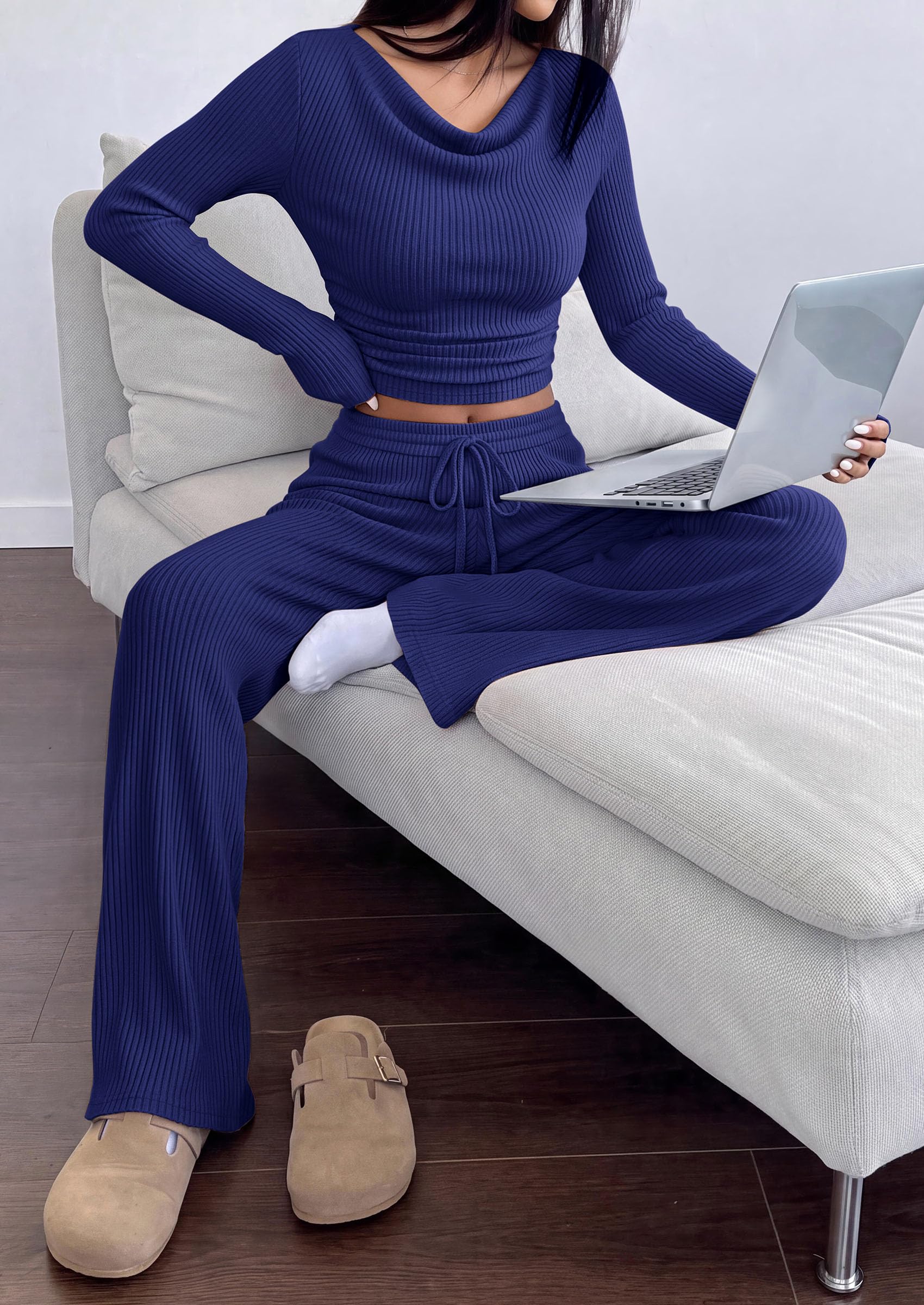 Matching Sets Women Clothing Fall Ribbed 2 Piece Lounge Set