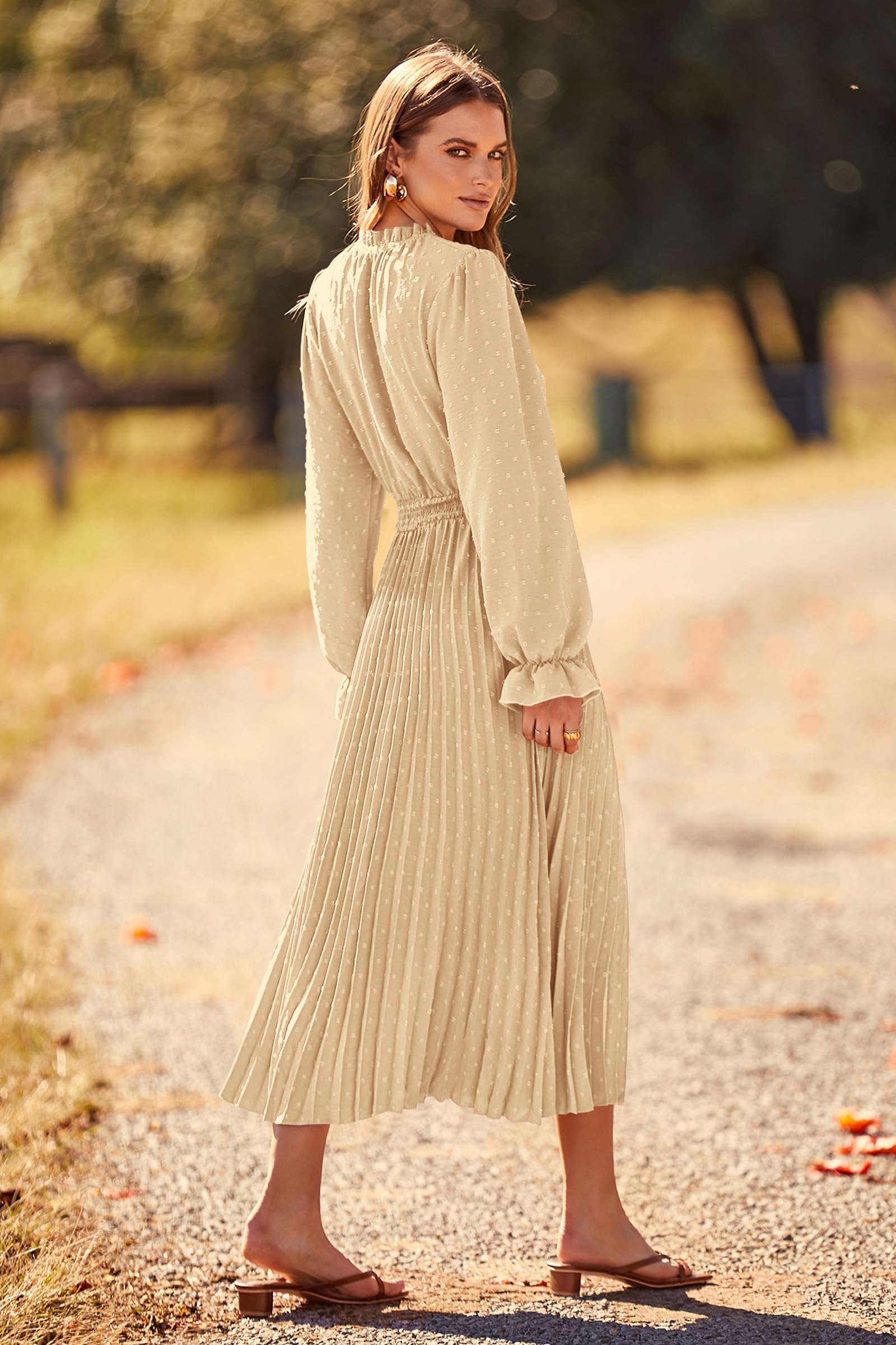 Women's Fall Midi Wedding Guest Dress(Apricot,Small)