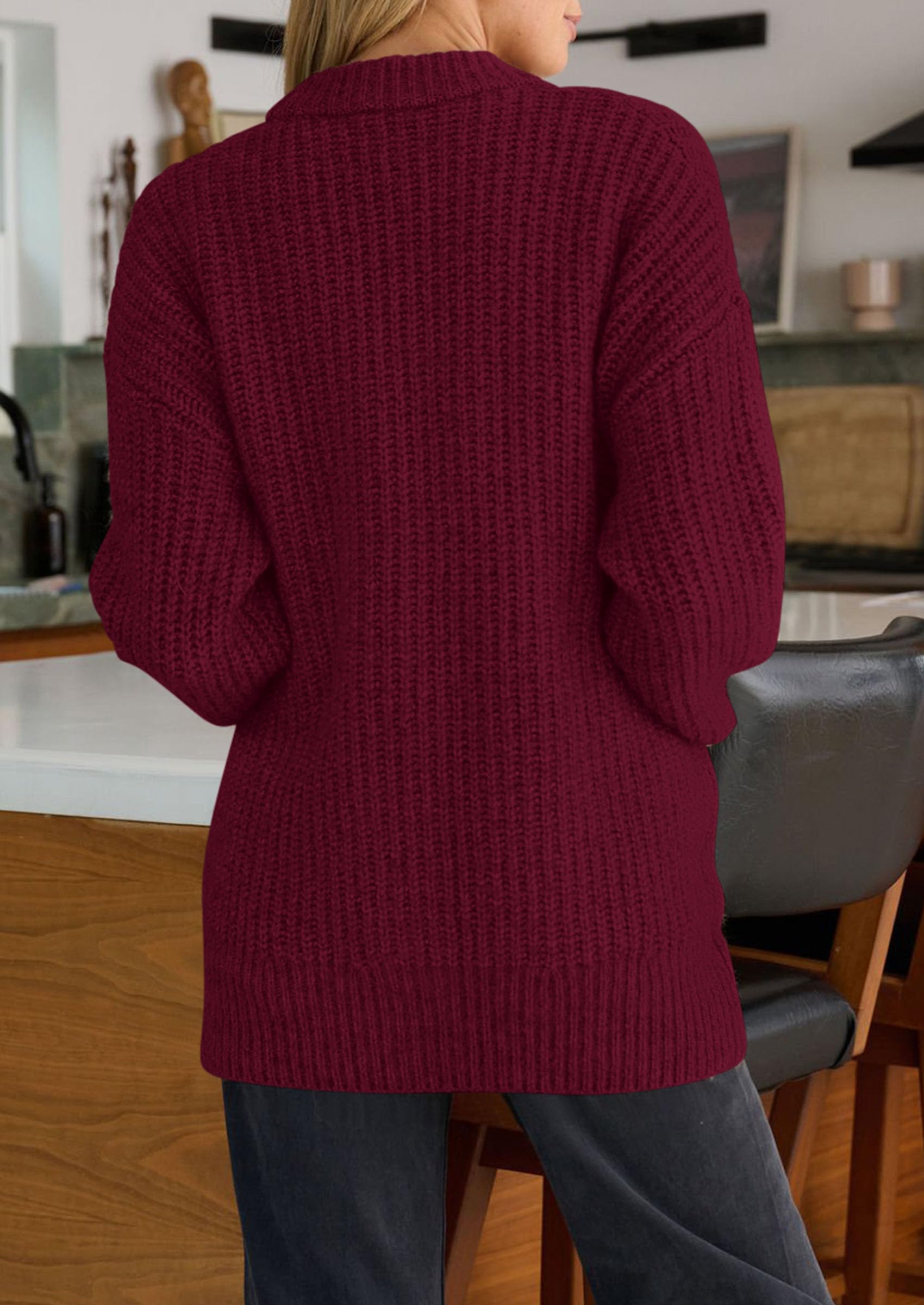 Oversized Cardigan Sweaters for Women Button Up,Burgundy,S