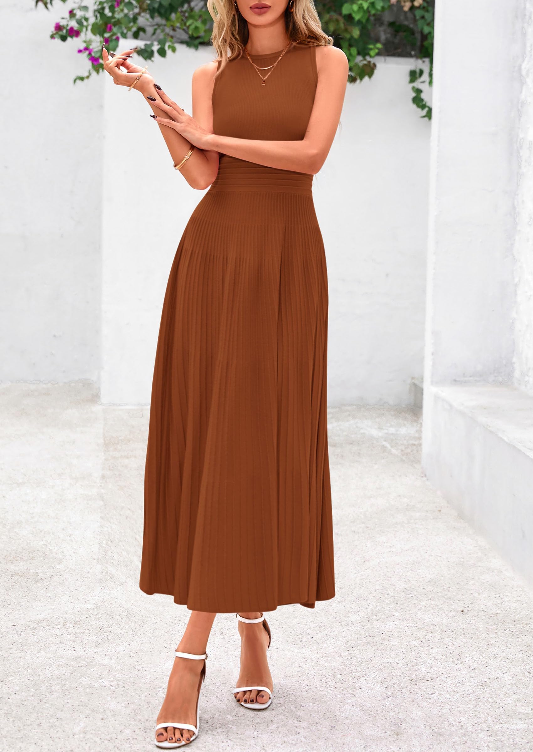 Women's Summer Pleated Midi Work Dress,Caramel,S