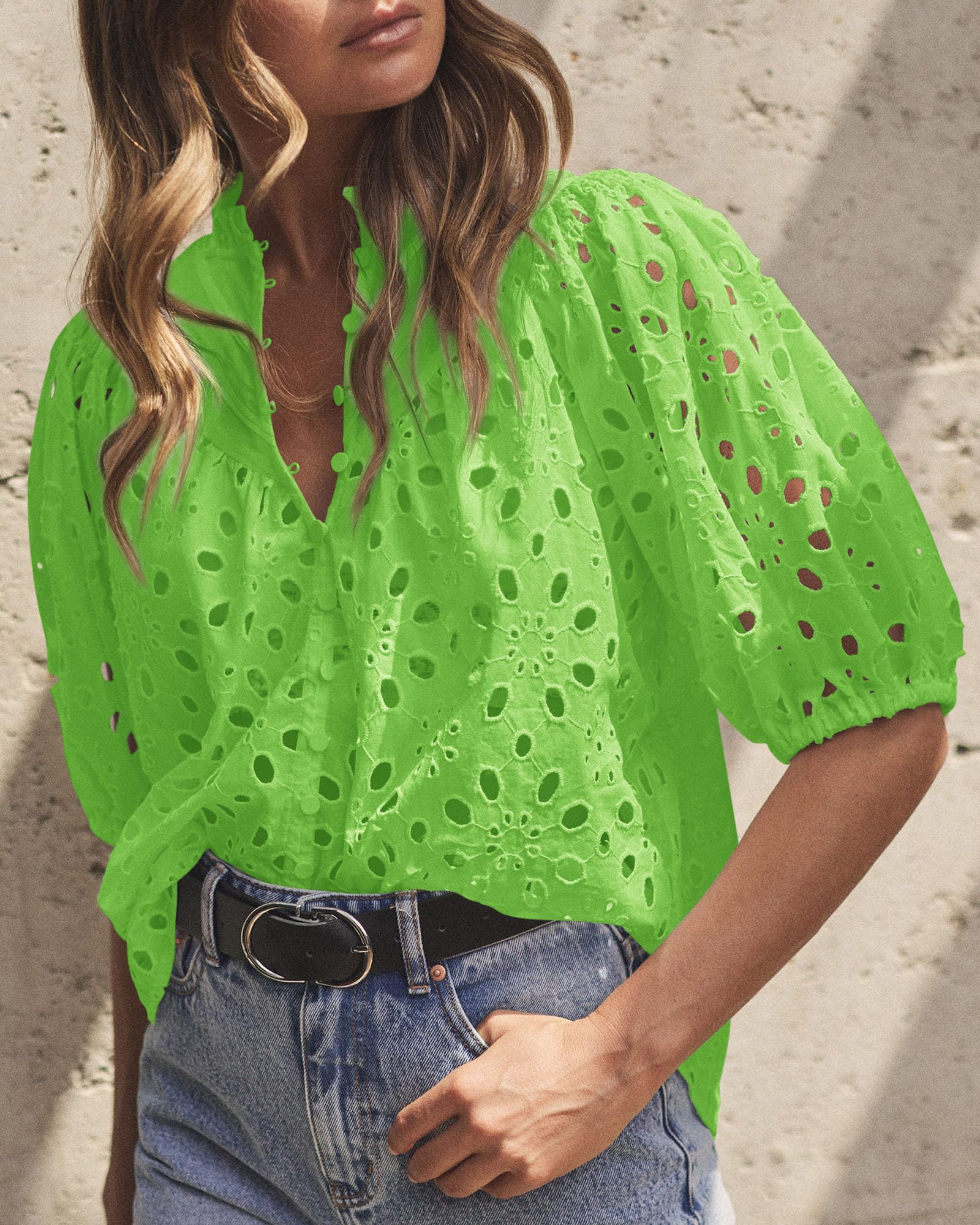 Womens Tops Boho Eyelet Puff Sleeve Blouse, Grass Green,S