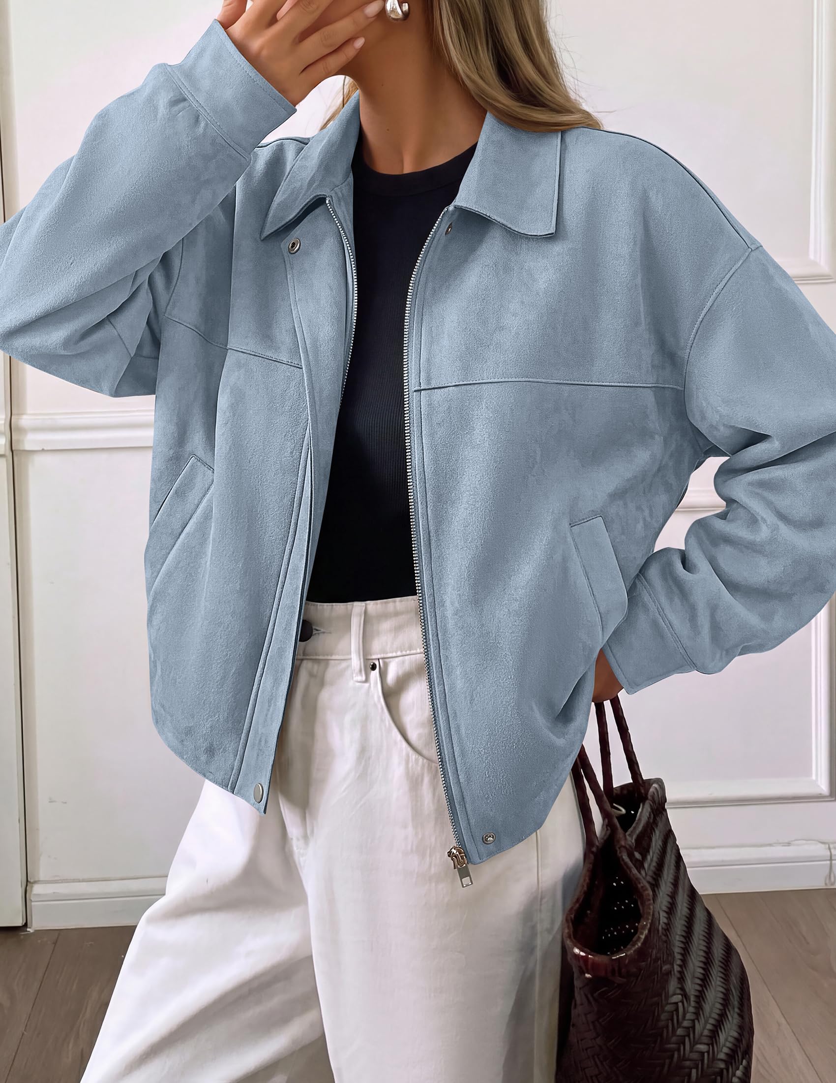 Women's Faux Suede Cropped Fall Jackets,Light Blue,S