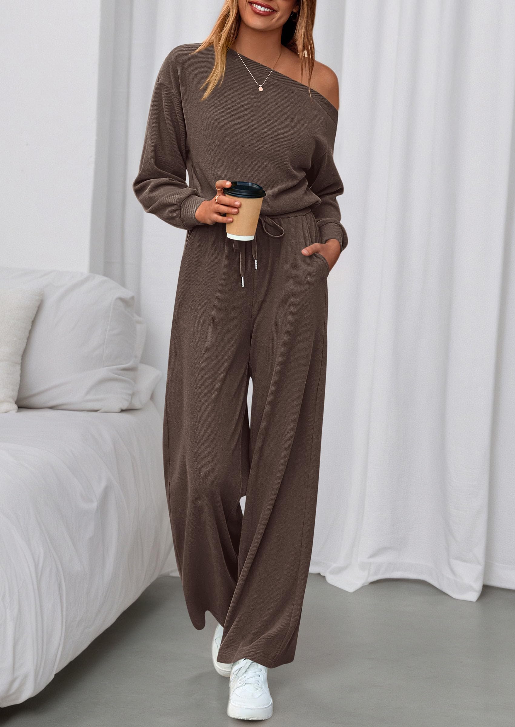 Womens Off Shoulder Long Sleeve Jumpsuit,Brown,S