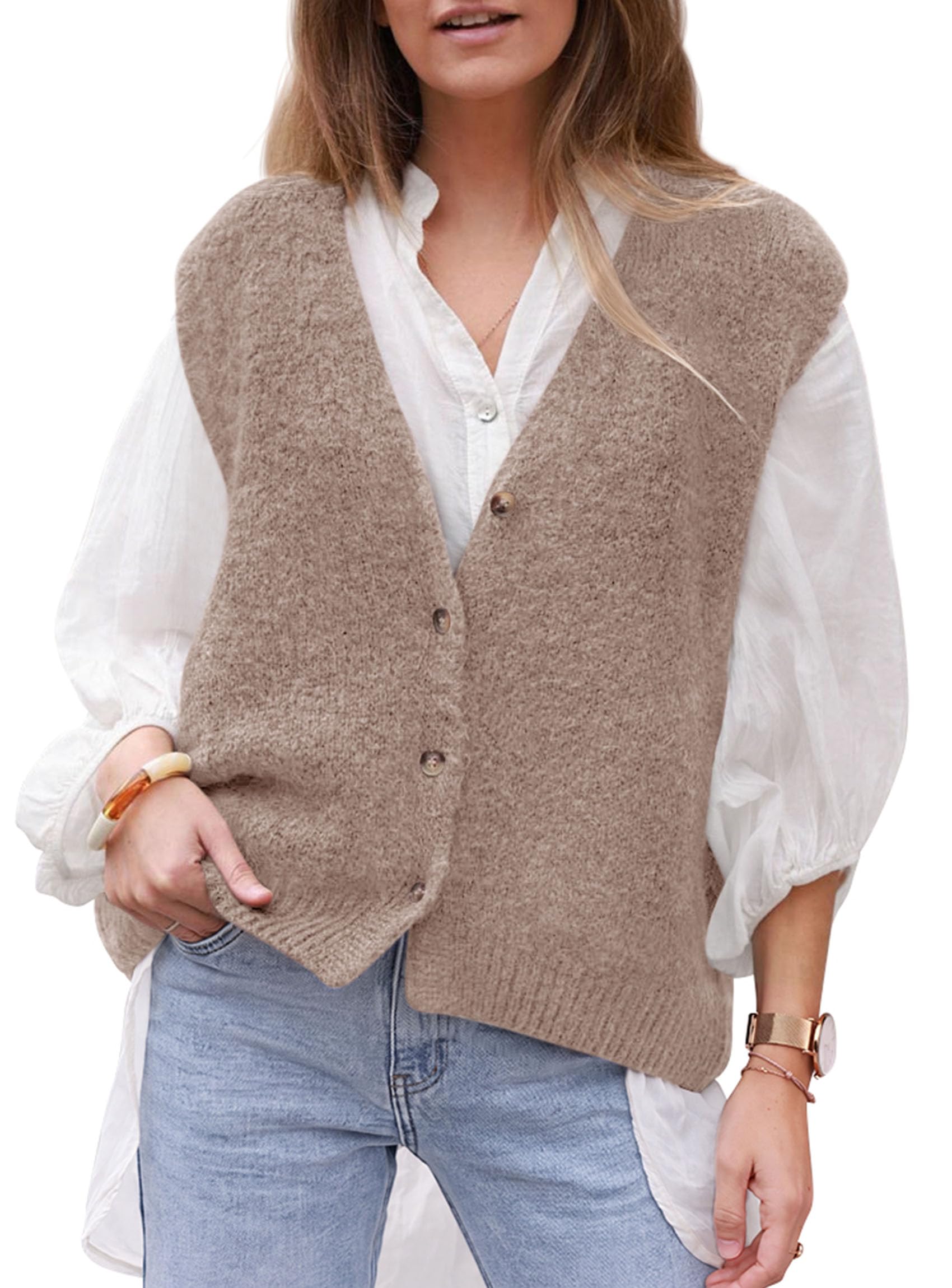 Womens Fall Sleeveless Button Down Sweater Vest,Apricot,S