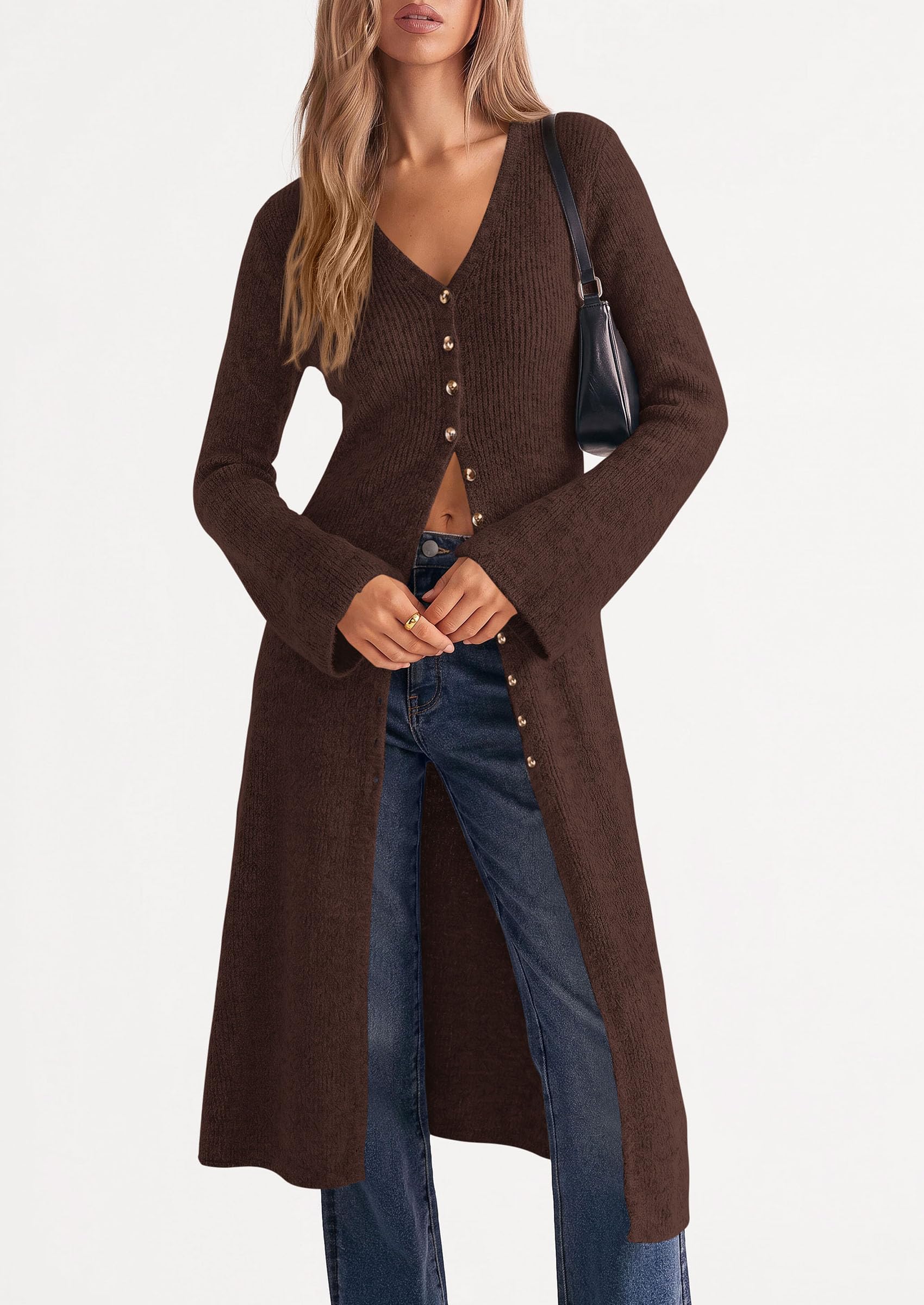Women Long Cardigan Bell Sleeve Sweater Dress (Brown,S)