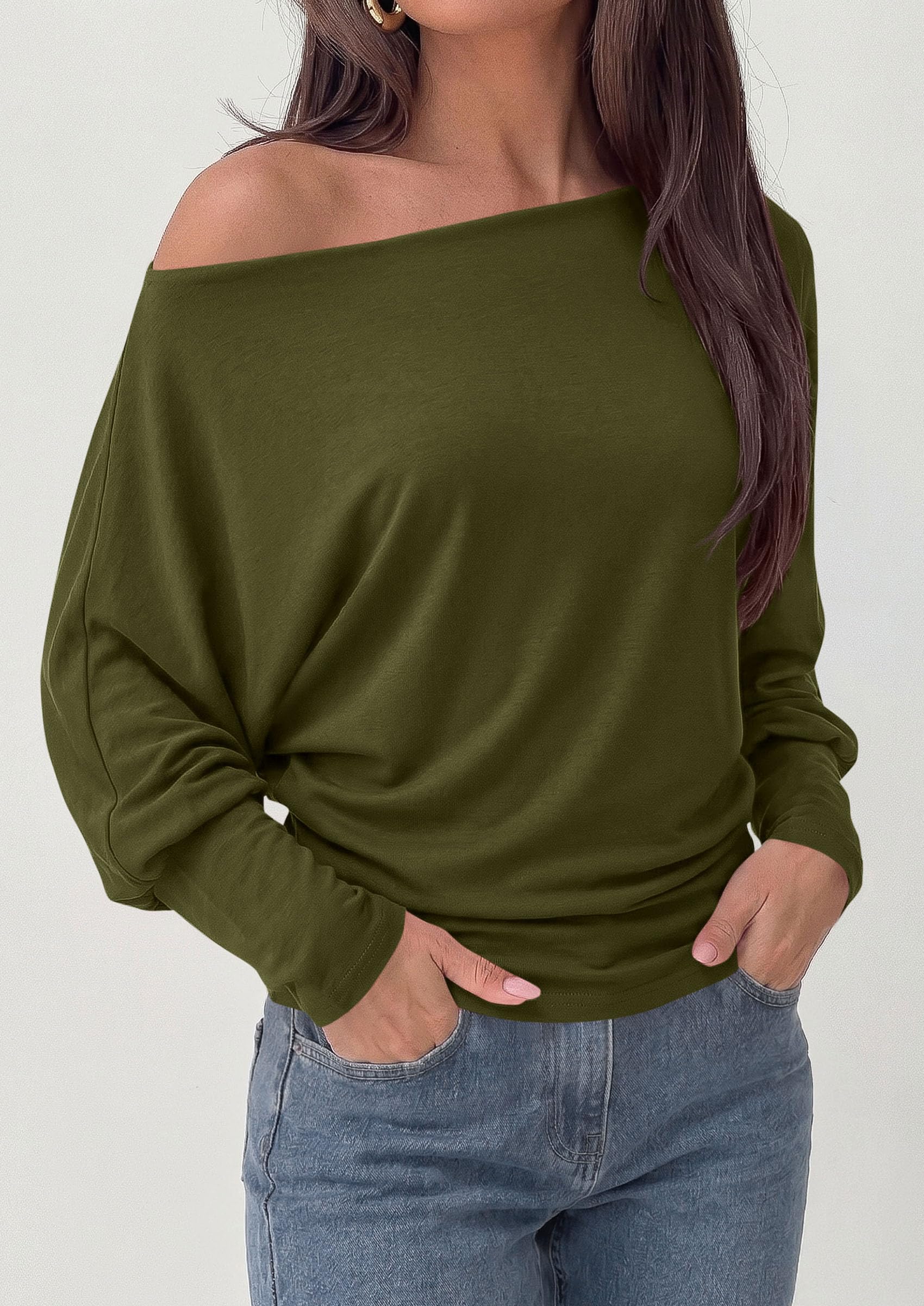Womens Off The Shoulder Batwing Long Sleeve Top,Army Green,S