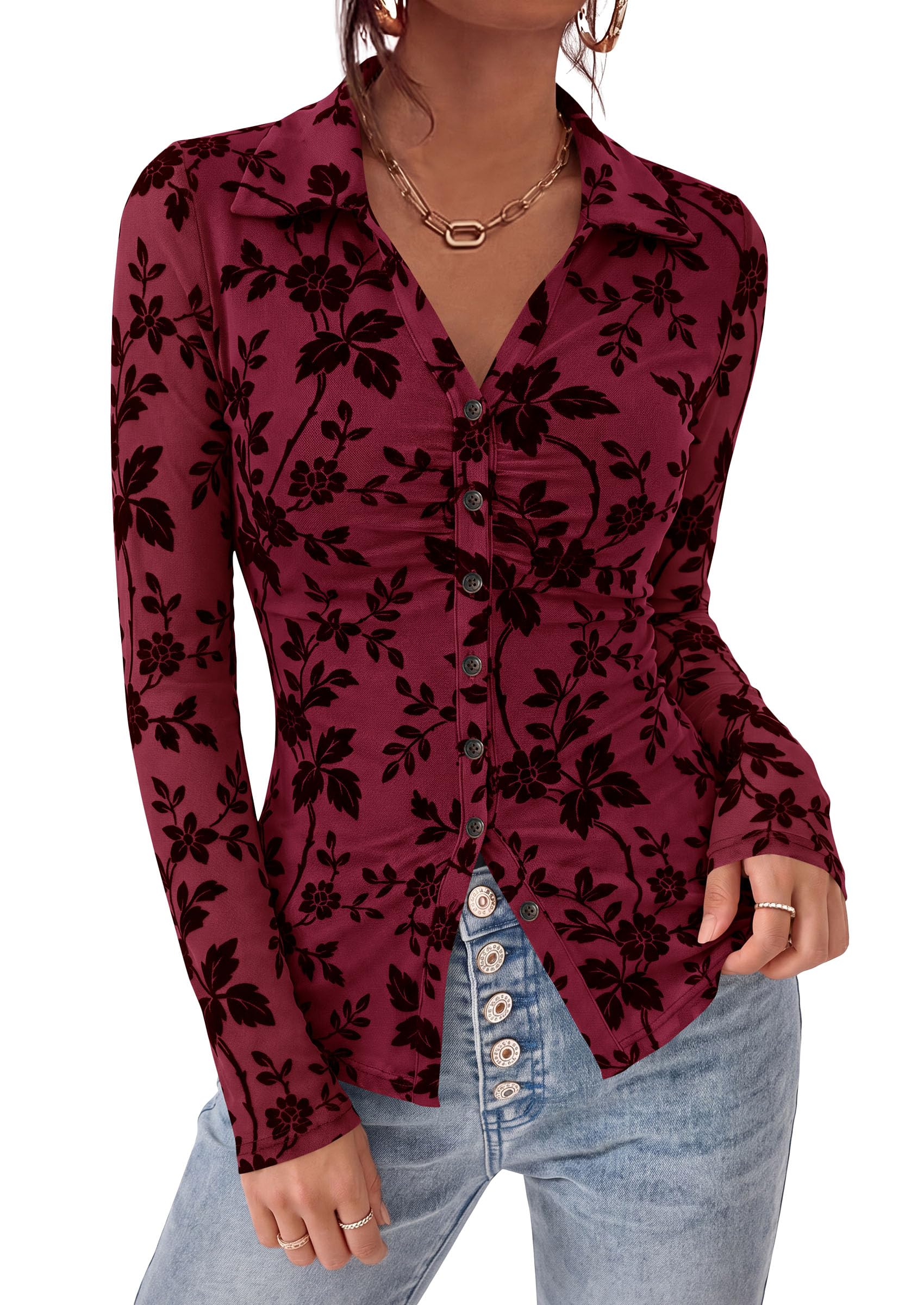 Women's Long Sleeve Floral Mesh Boho Tops Button Down Shirts