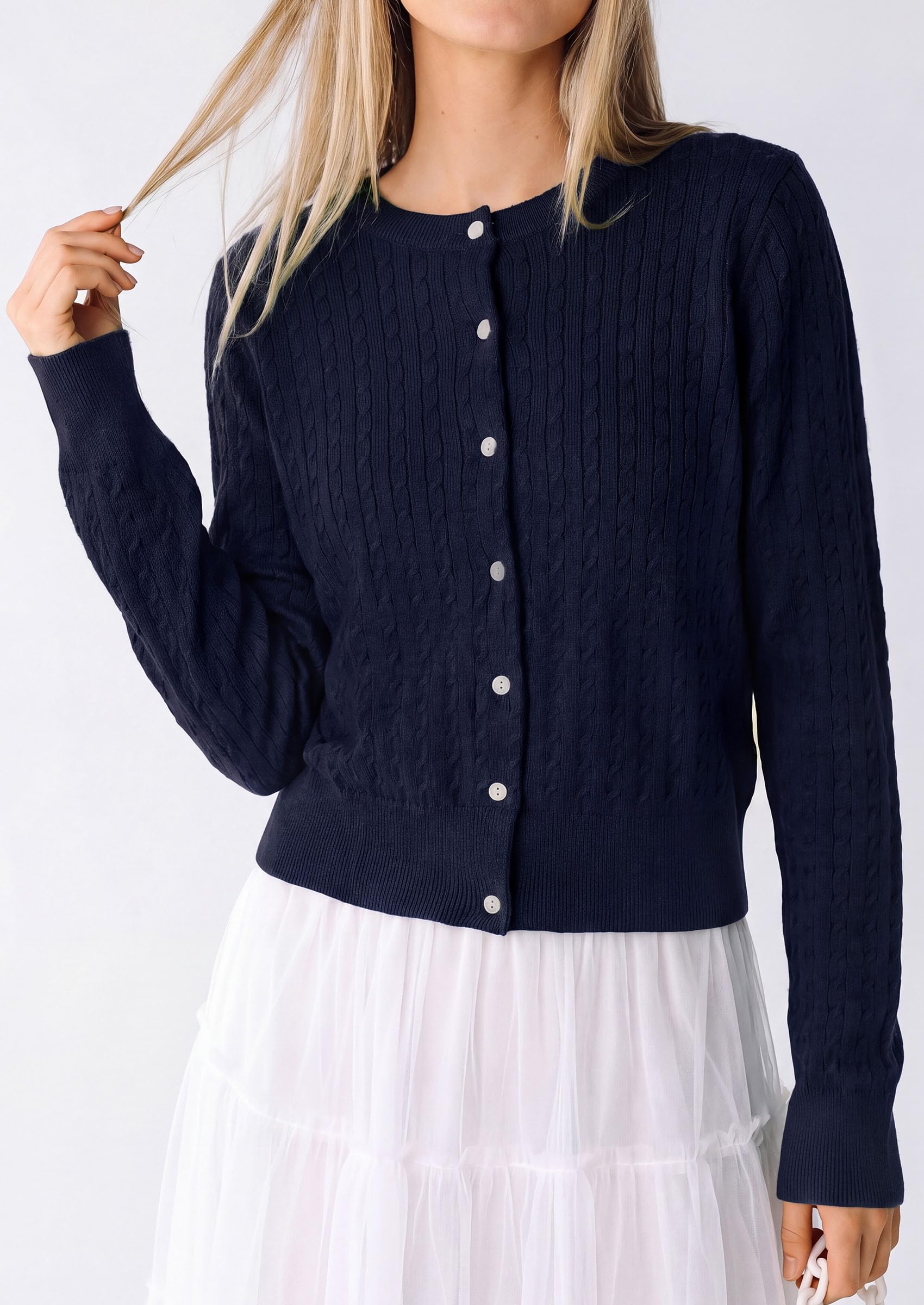 Women Fall Lightweight Cardigans Button Up Cable Knit Sweaters