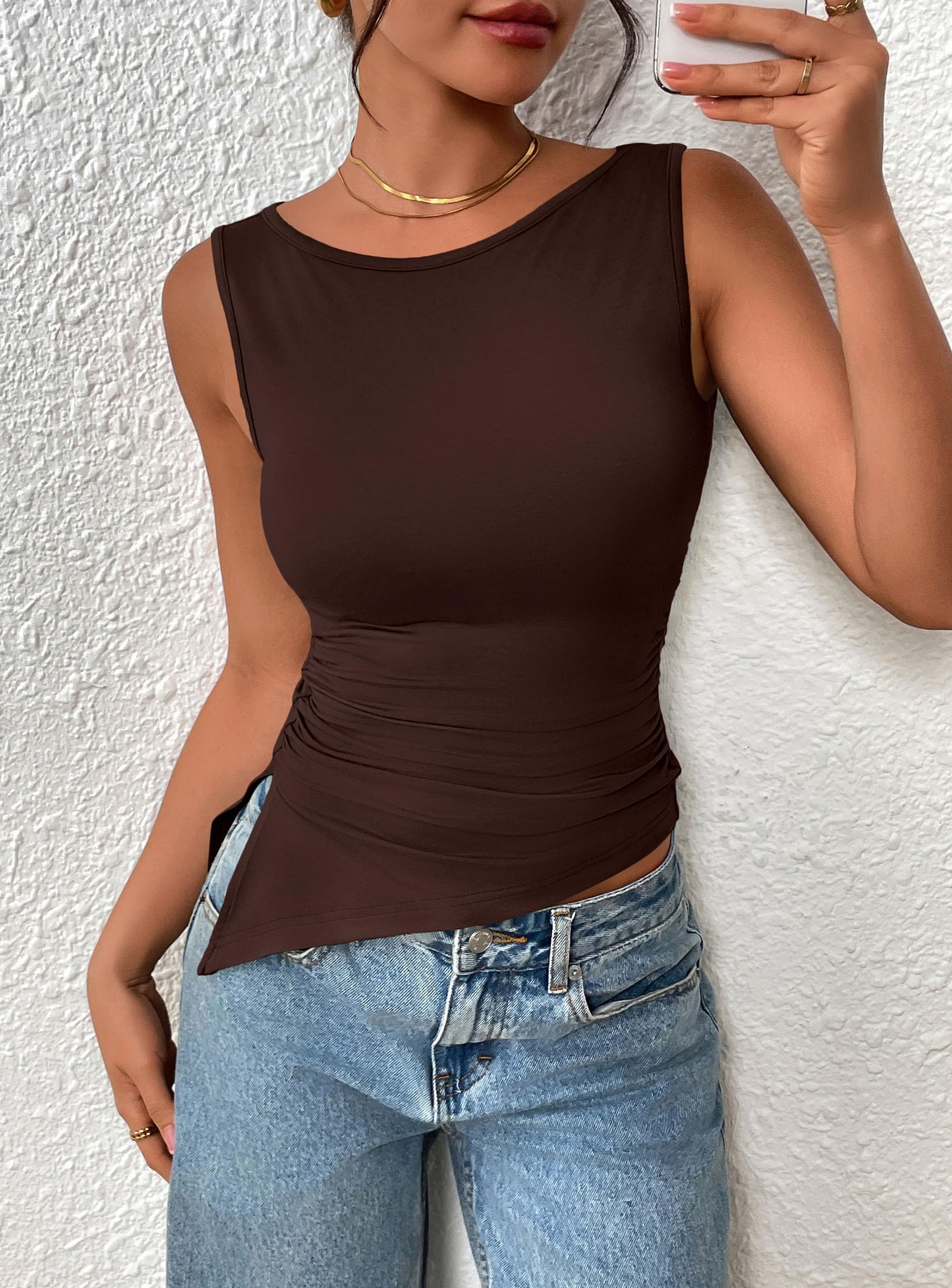 Women's Ruched Tank Tops Summer Y2K Shirts,Brown,S