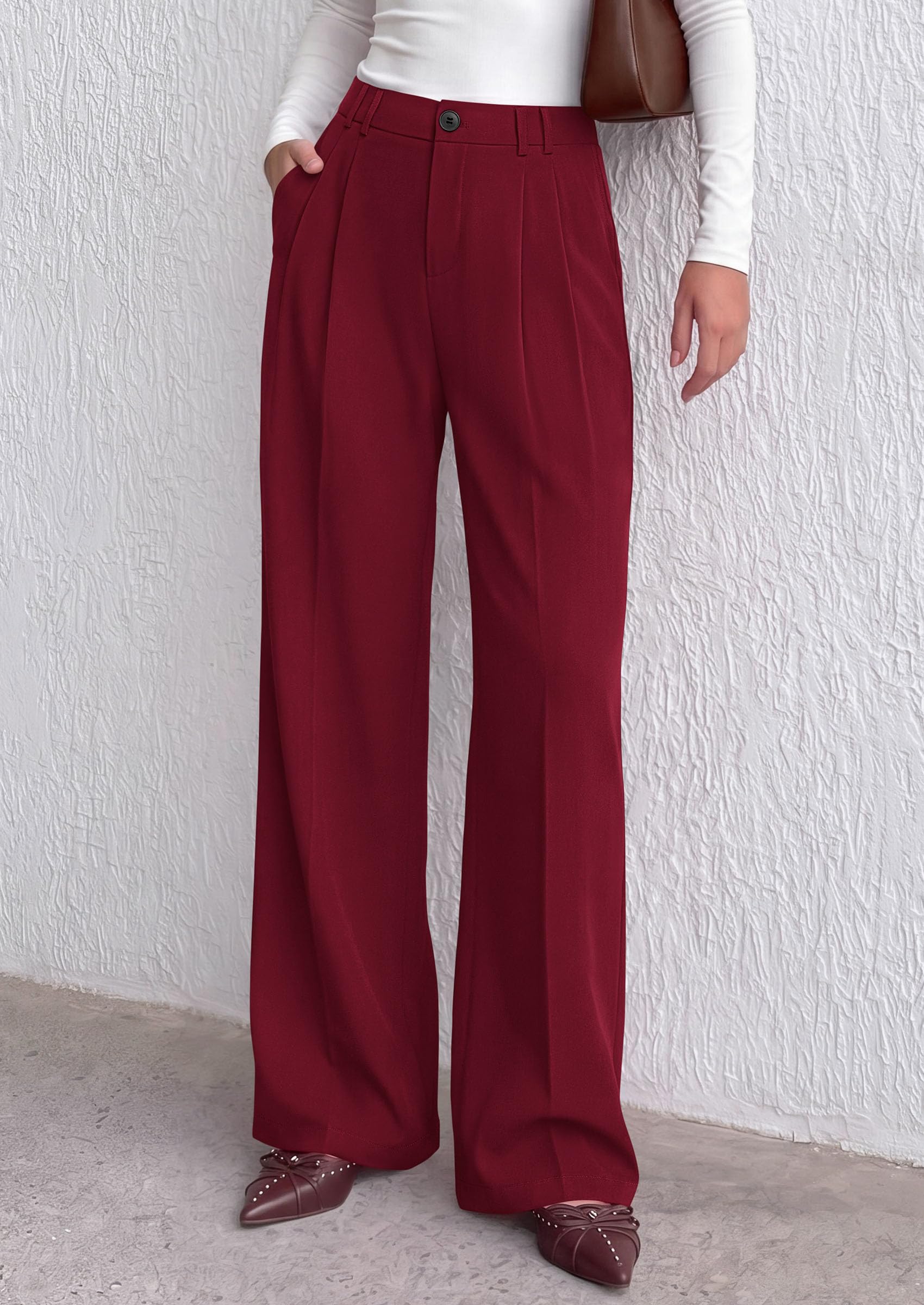 Women's Dress Pants Wide Leg Flowy Trousers,Burgundy,S