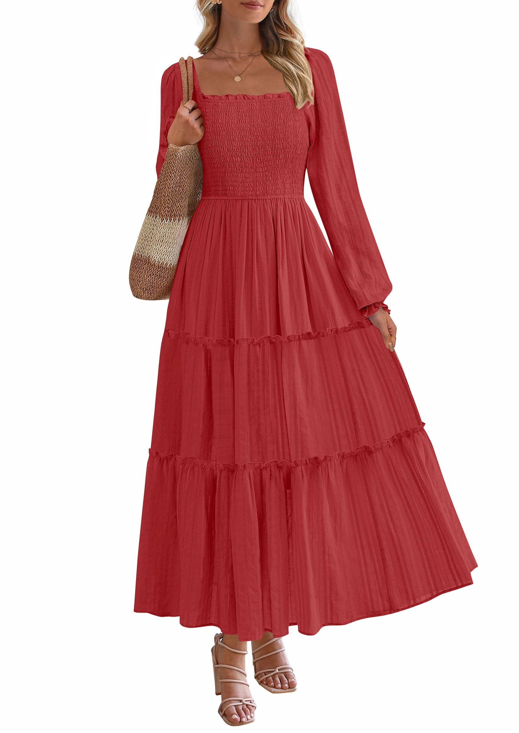Women's Long Sleeve Ruffle Flowy Maxi Dress,Red,S