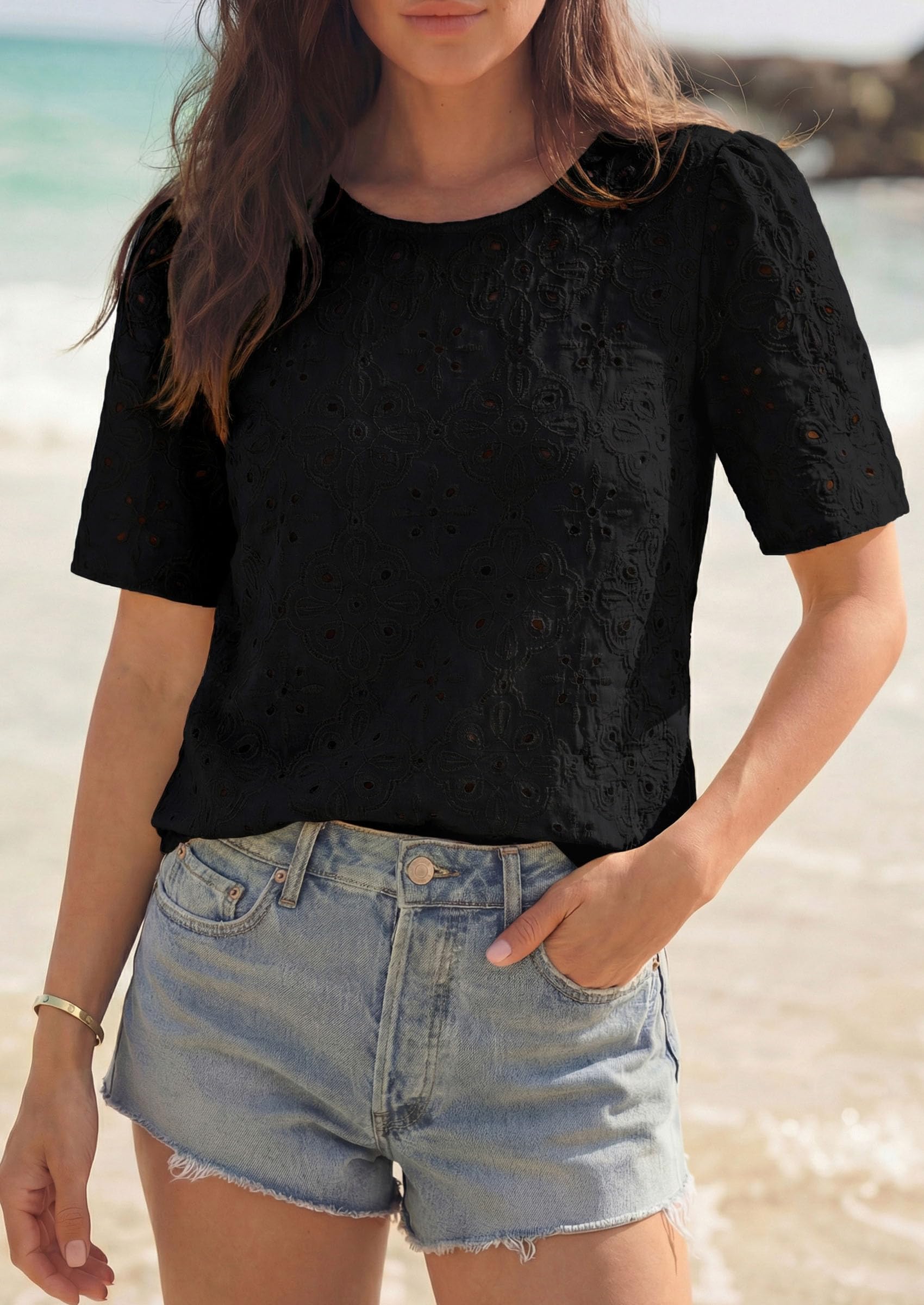 Women's Embroidered Eyelet Short Sleeve Blouse, Black,XS