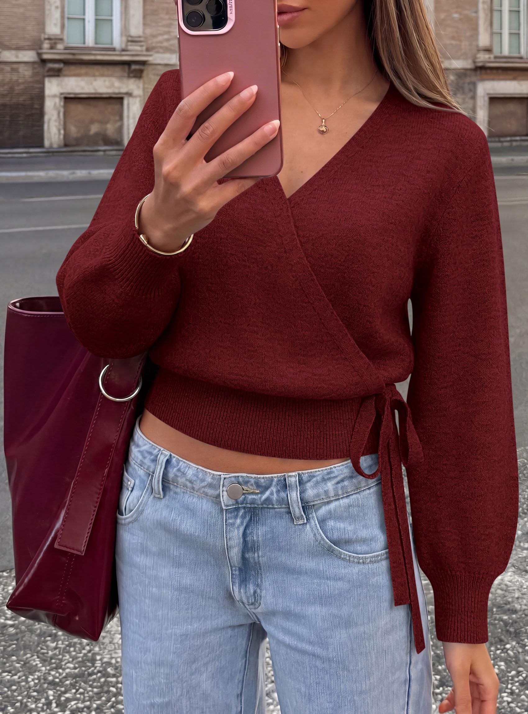 V Neck Wrap Sweaters for Women Fall Outifts Pullover Wine Red