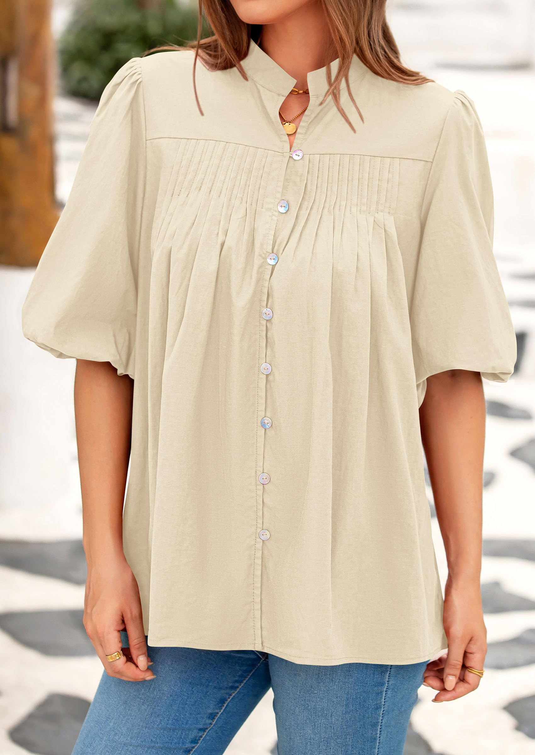 Short Sleeve Henley Shirts for Women,Apricot,S