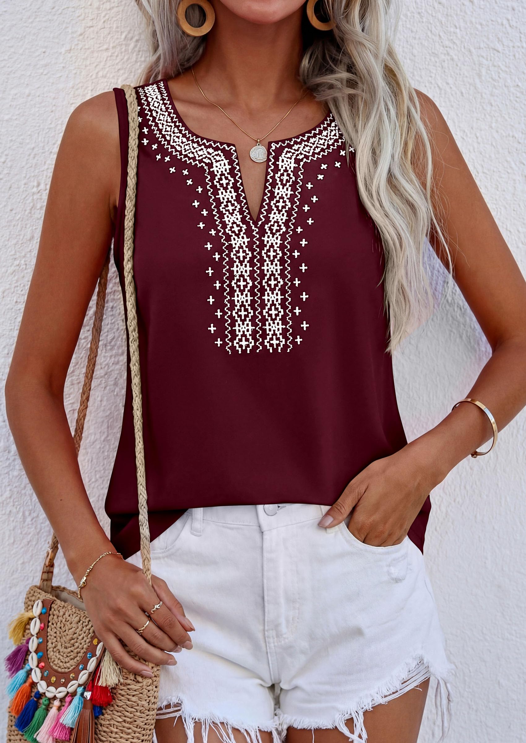 Womens Embroidered Sleeveless Tank Tops Wine Red,S