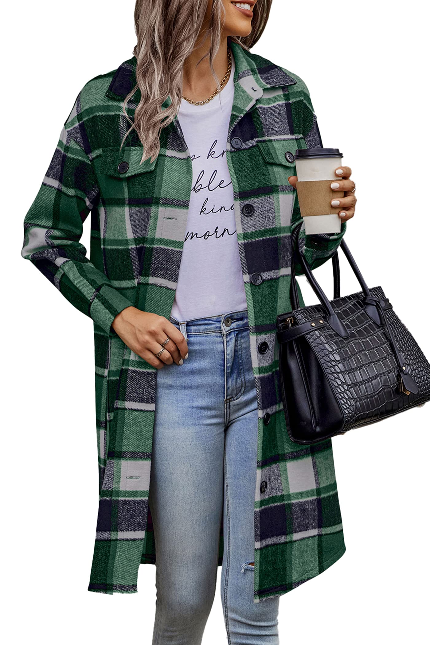 Womens Plaid Shacket Jacket Flannel Shirts,Dark Green,S