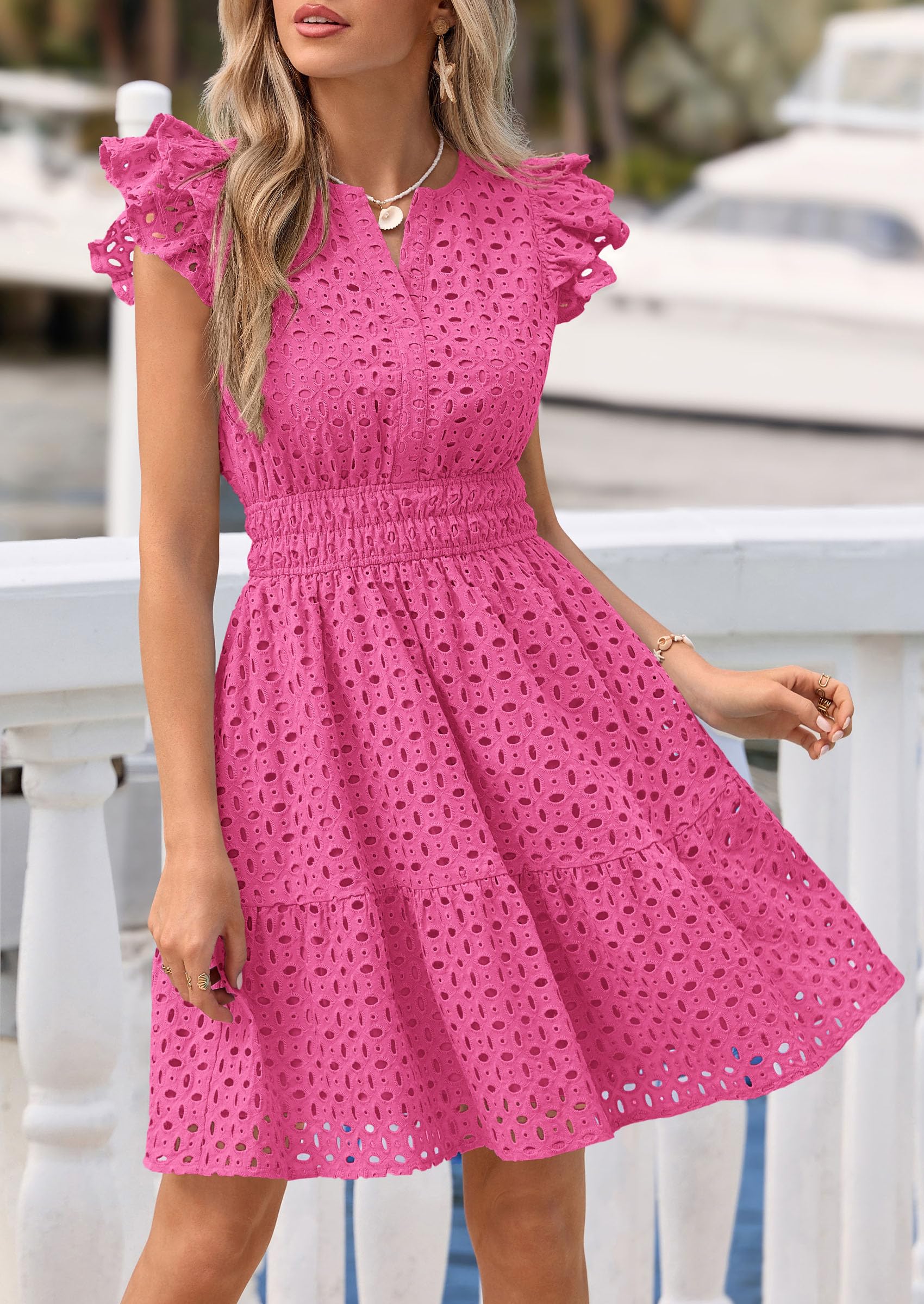 Women's Summer V Neck Eyelet Short Dress (Rose Red,Small)