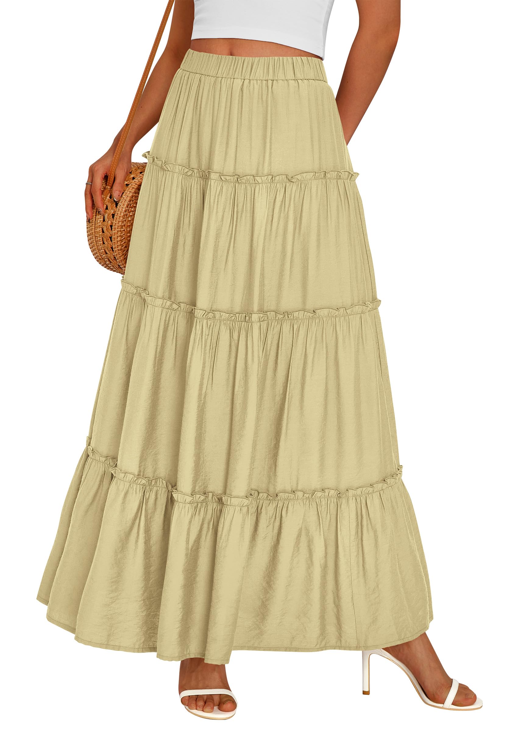 Women's Boho Tiered Ruffle Flowy Maxi Skirt, Yellow,S