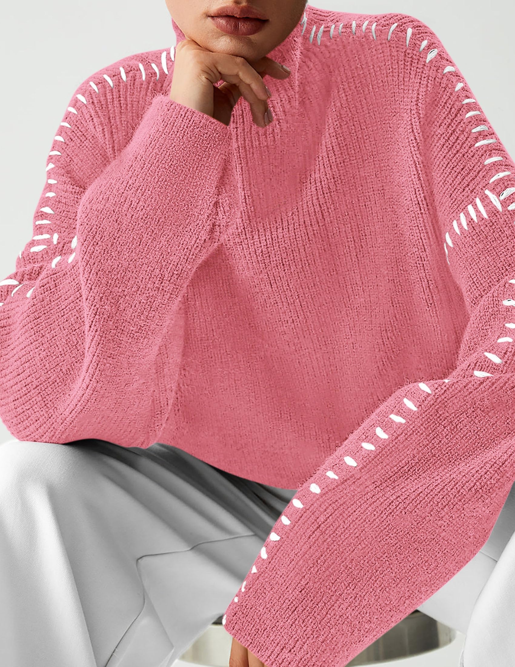 Womens Chunky Knit Oversized Pullover Sweaters,Dark Pink,S