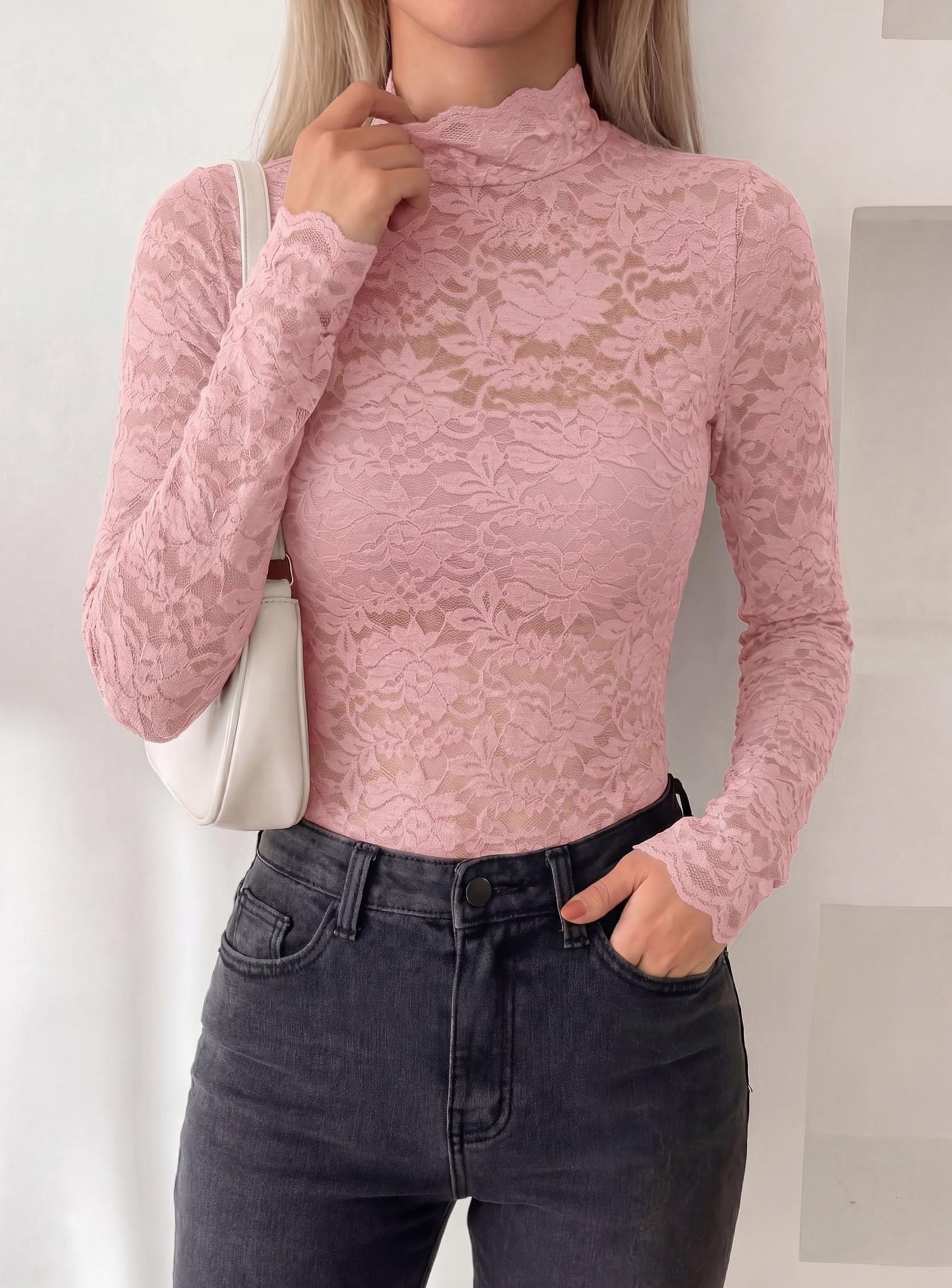 Womens Lace Long Sleeve Tops Sheer Mesh Blouse Pink,S