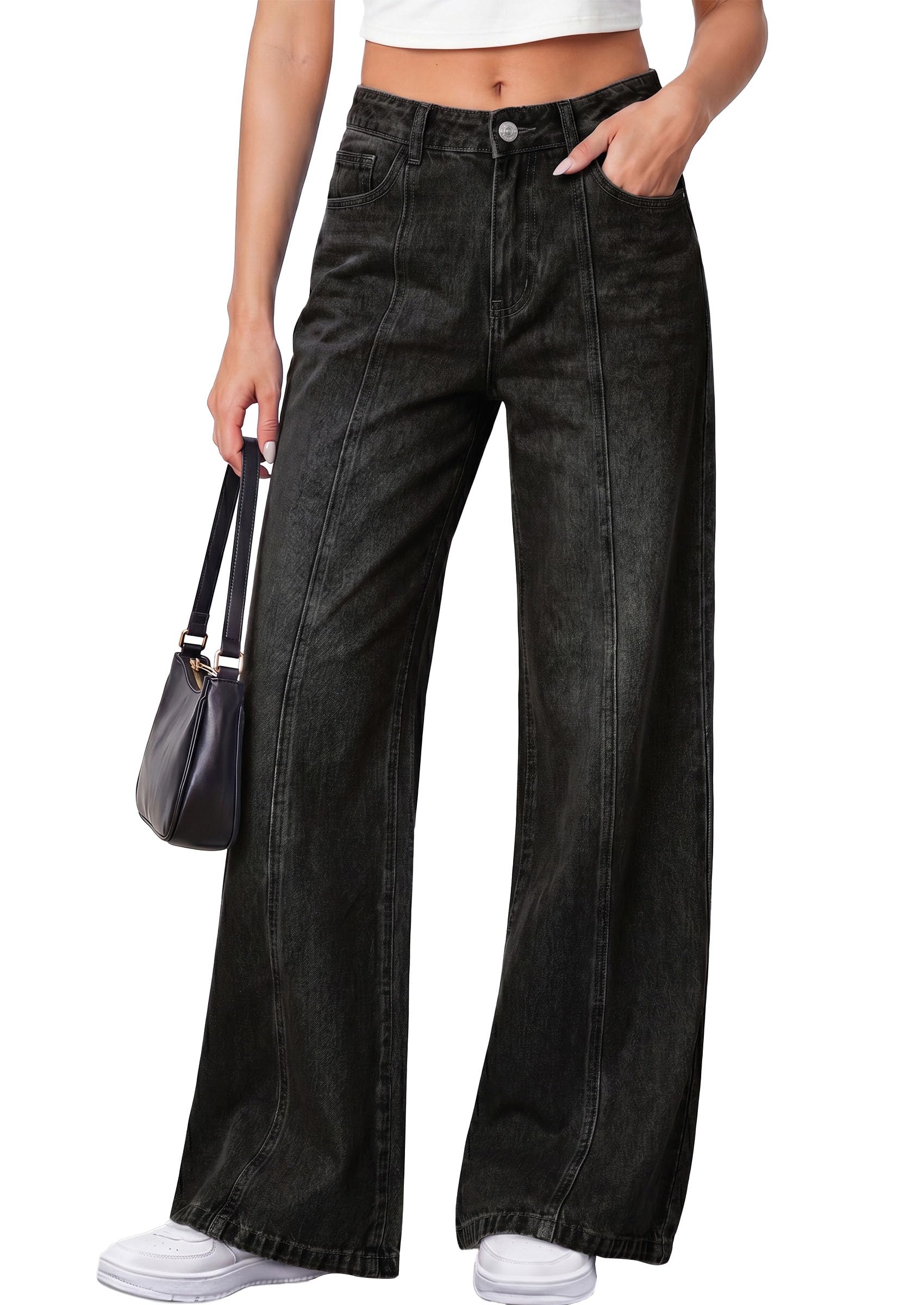 Women's Wide Leg Jeans Stretchy Baggy Denim Pants,Black,4