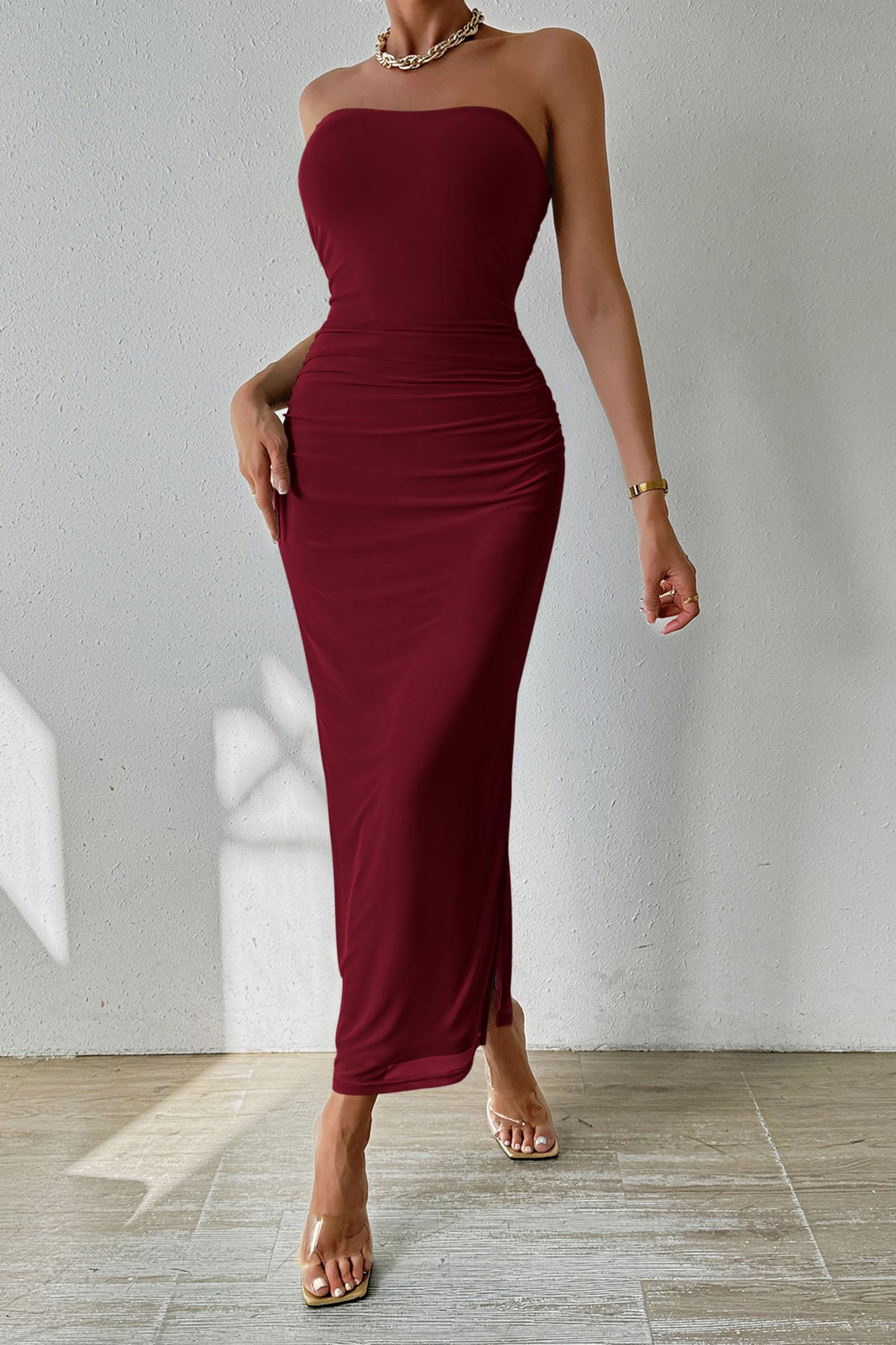 Women's Strapless Bodycon Maxi Tube Dress, Solid Wine Red,S