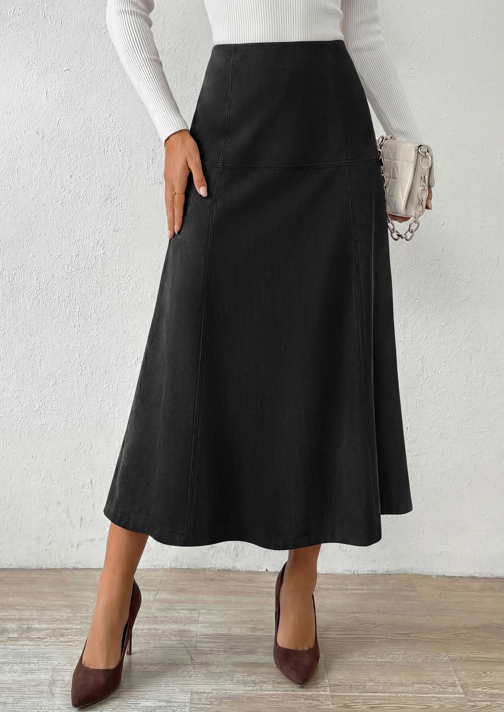 Womens High Waist Faux Suede A Line Midi Skirt,Black,S