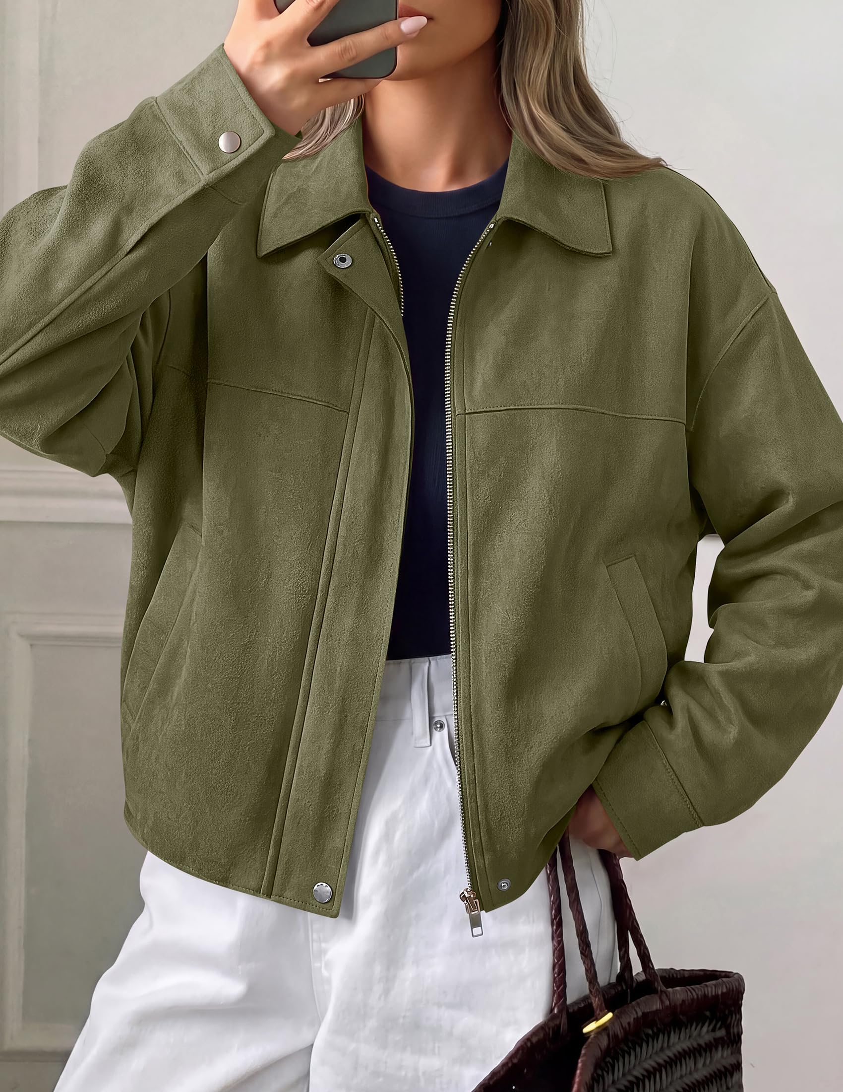 Women's Faux Suede Cropped Fall Jackets,Army Green,M