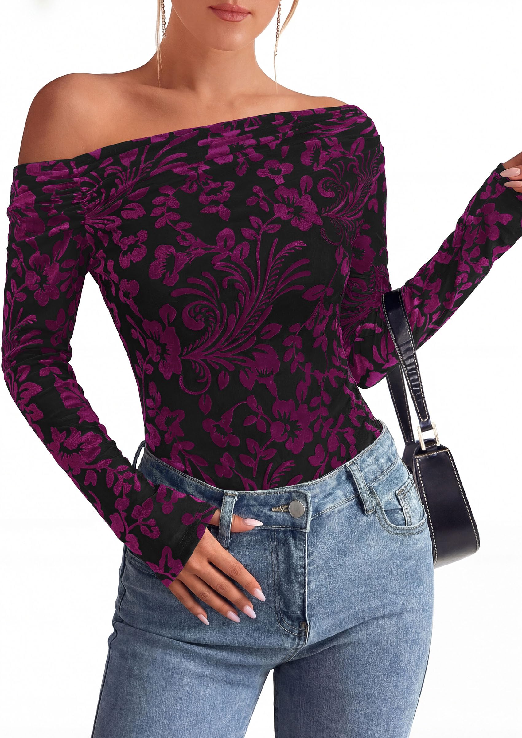 Off the Shoulder Tops for Women Fall Mesh Floral Blouses