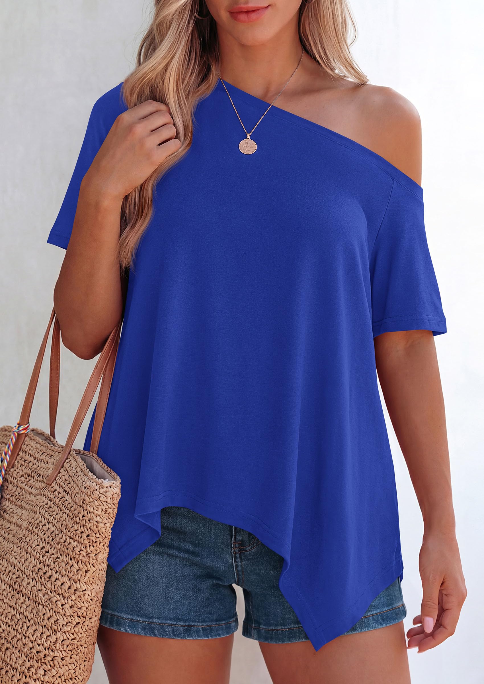 Off Shoulder Tops for Women Oversized Tshirts, Royal Blue,S